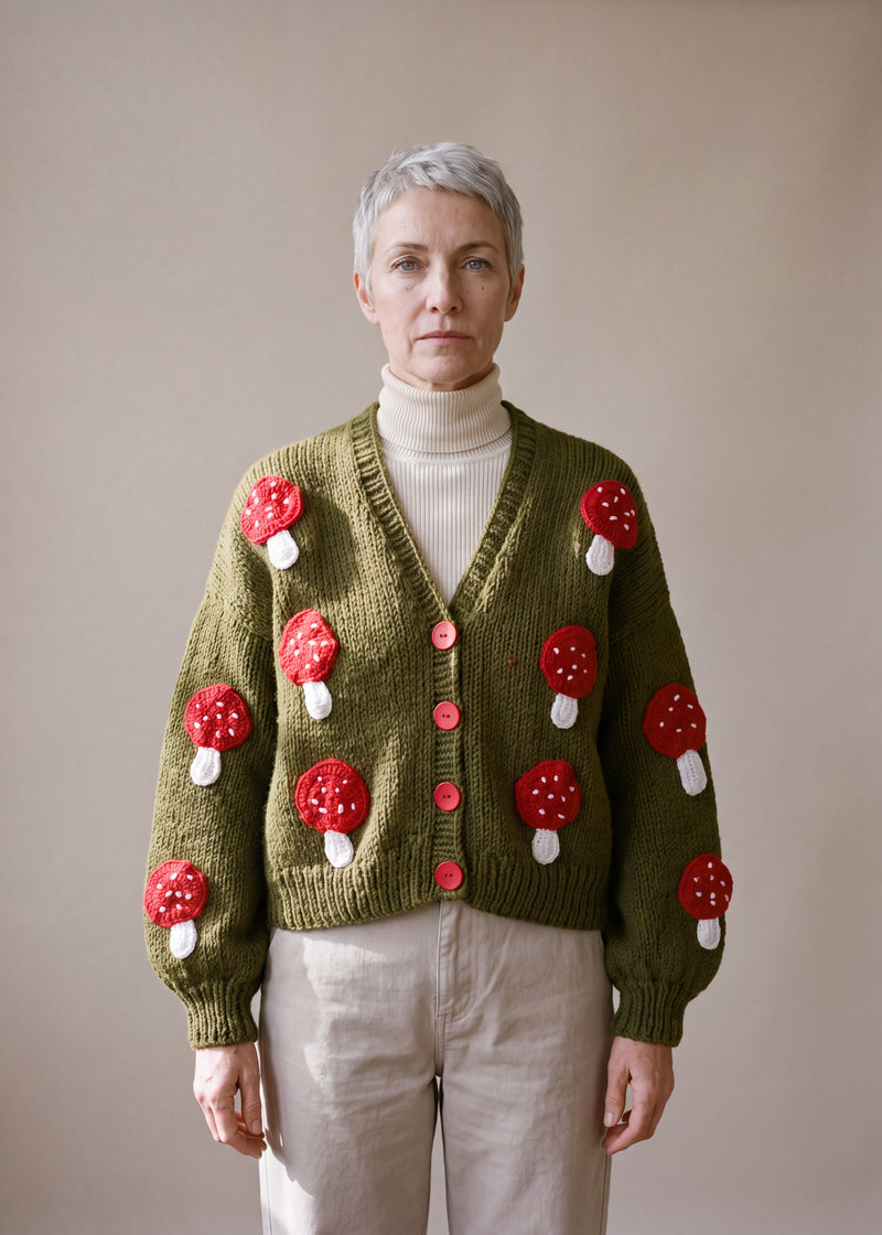 Mush cardi - olive green chunky hand-knitted wool cardigan with crocheted motifs, worn open over a plain top by Ana Chic
