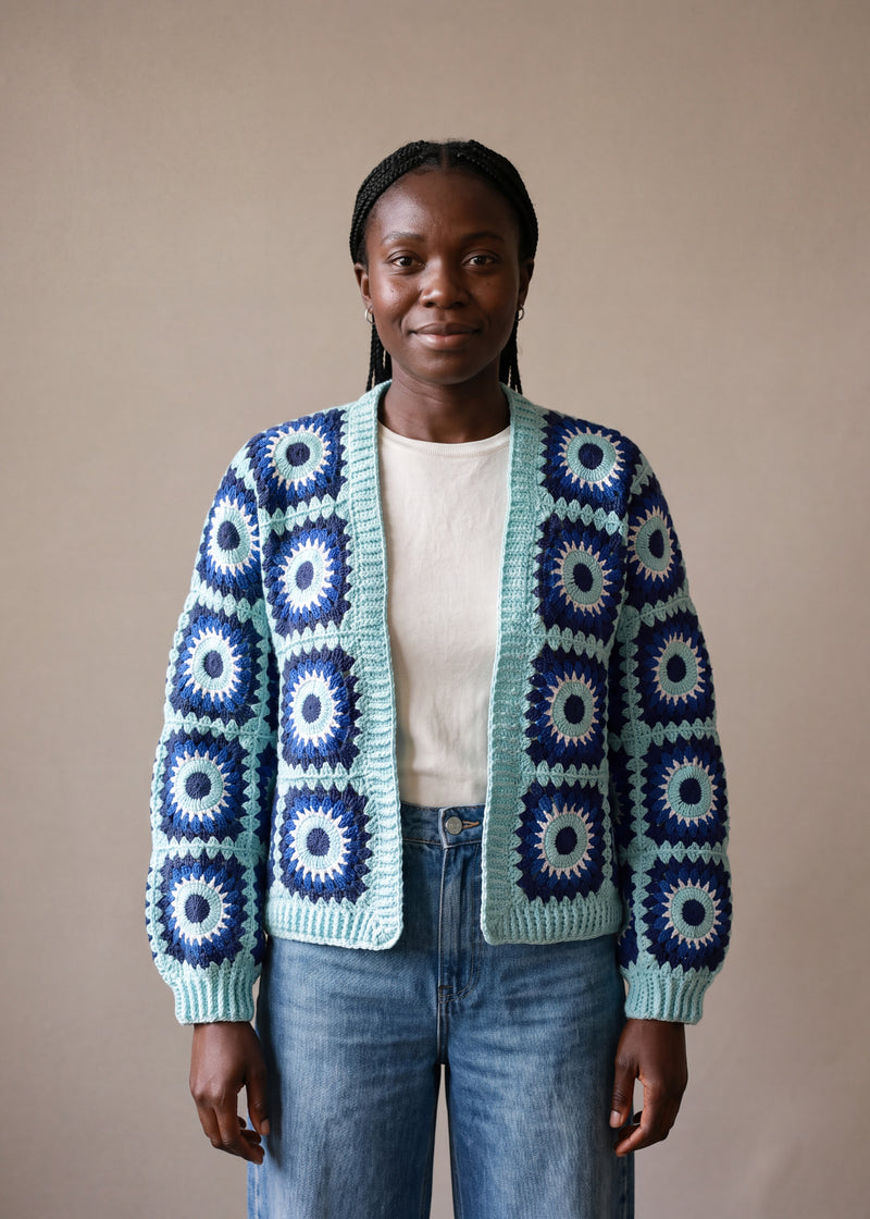 Ribbed Cuff Cardigan in navy and aqua worn open over a white tee with jeans - handmade by Ana Chic