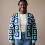 Ribbed Cuff Cardigan in navy and aqua worn open over a white tee with jeans - handmade by Ana Chic