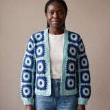 Ribbed Cuff Cardigan in navy and aqua worn open over a white tee with jeans - handmade by Ana Chic