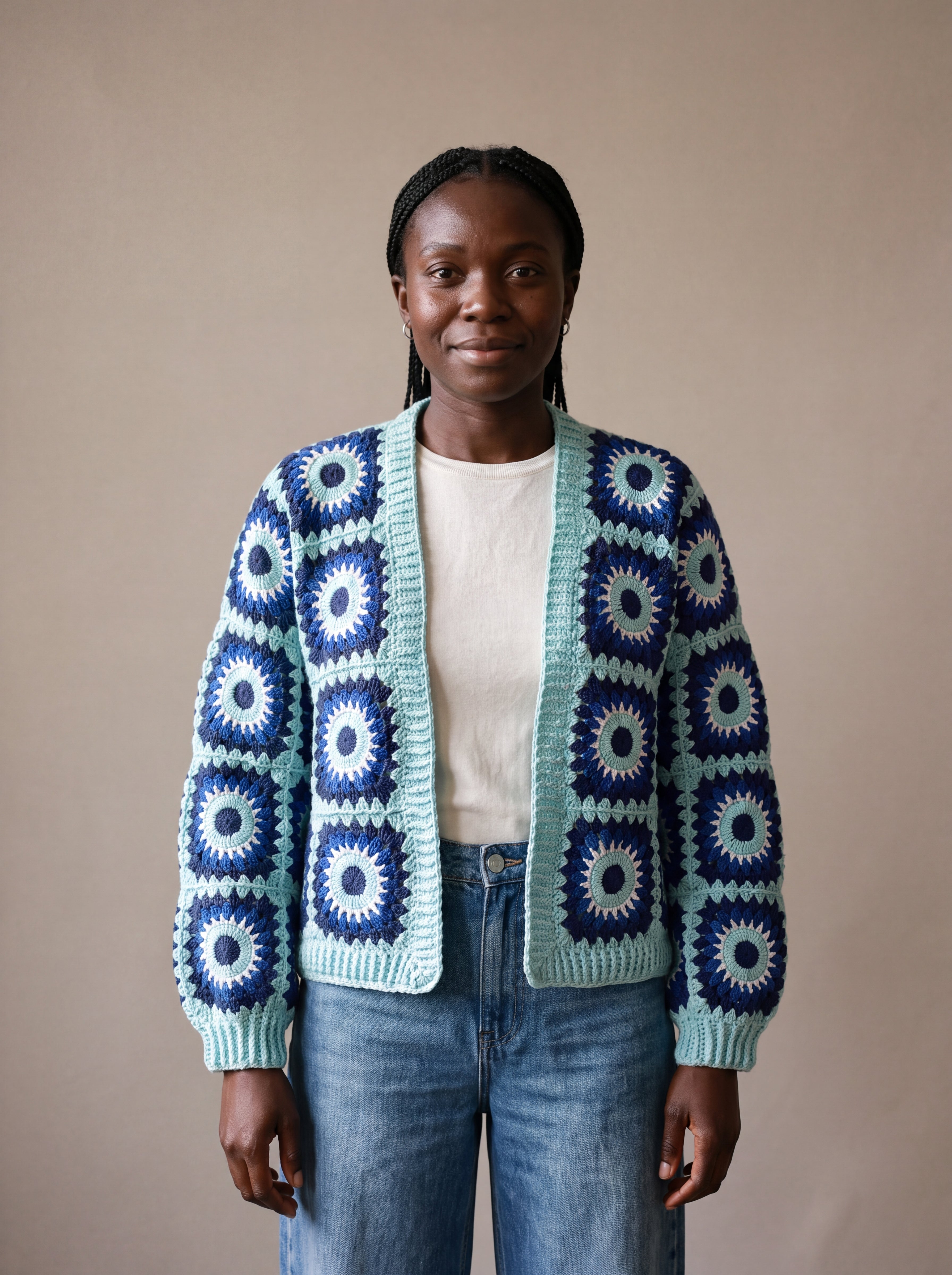 Ribbed Cuff Cardigan in navy and aqua worn open over a white tee with jeans - handmade by Ana Chic