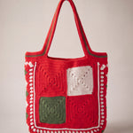 Back of the red crochet tote bag with four plain granny squares — handmade by Ana Chic