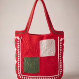 Back of the red crochet tote bag with four plain granny squares — handmade by Ana Chic
