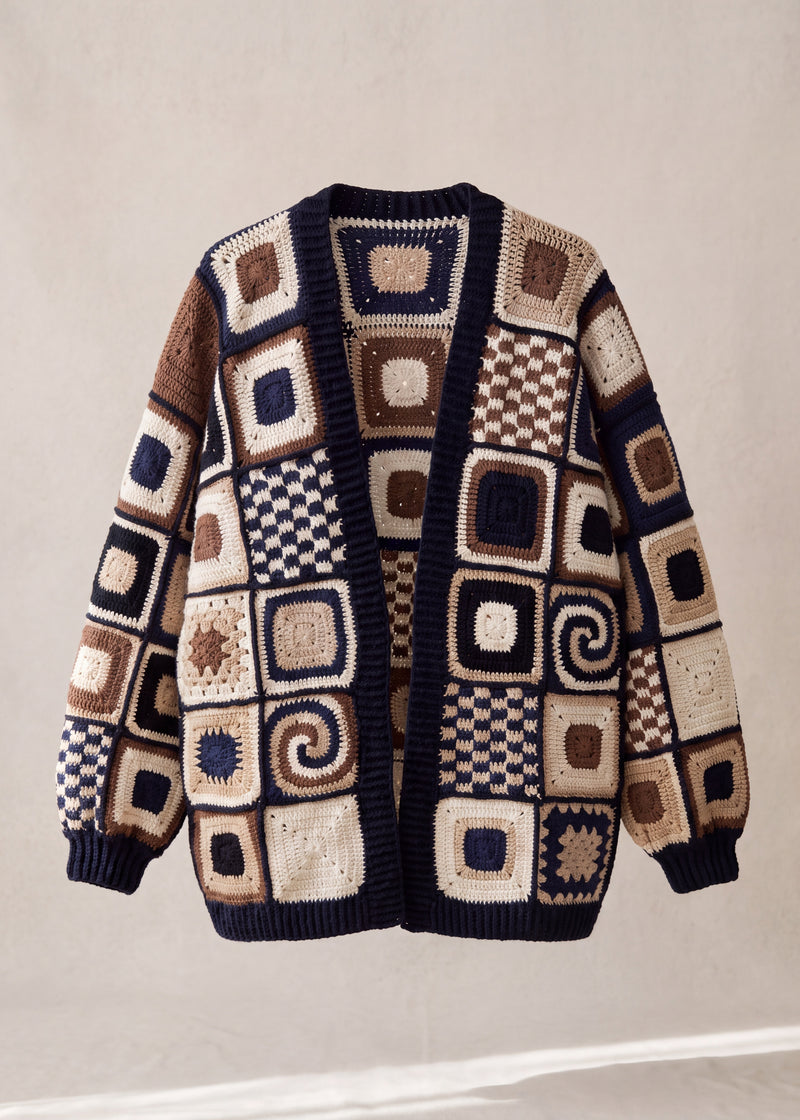 Navy-framed patchwork crochet cardigan in cream, brown and tan squares, front view - handmade by Ana Chic