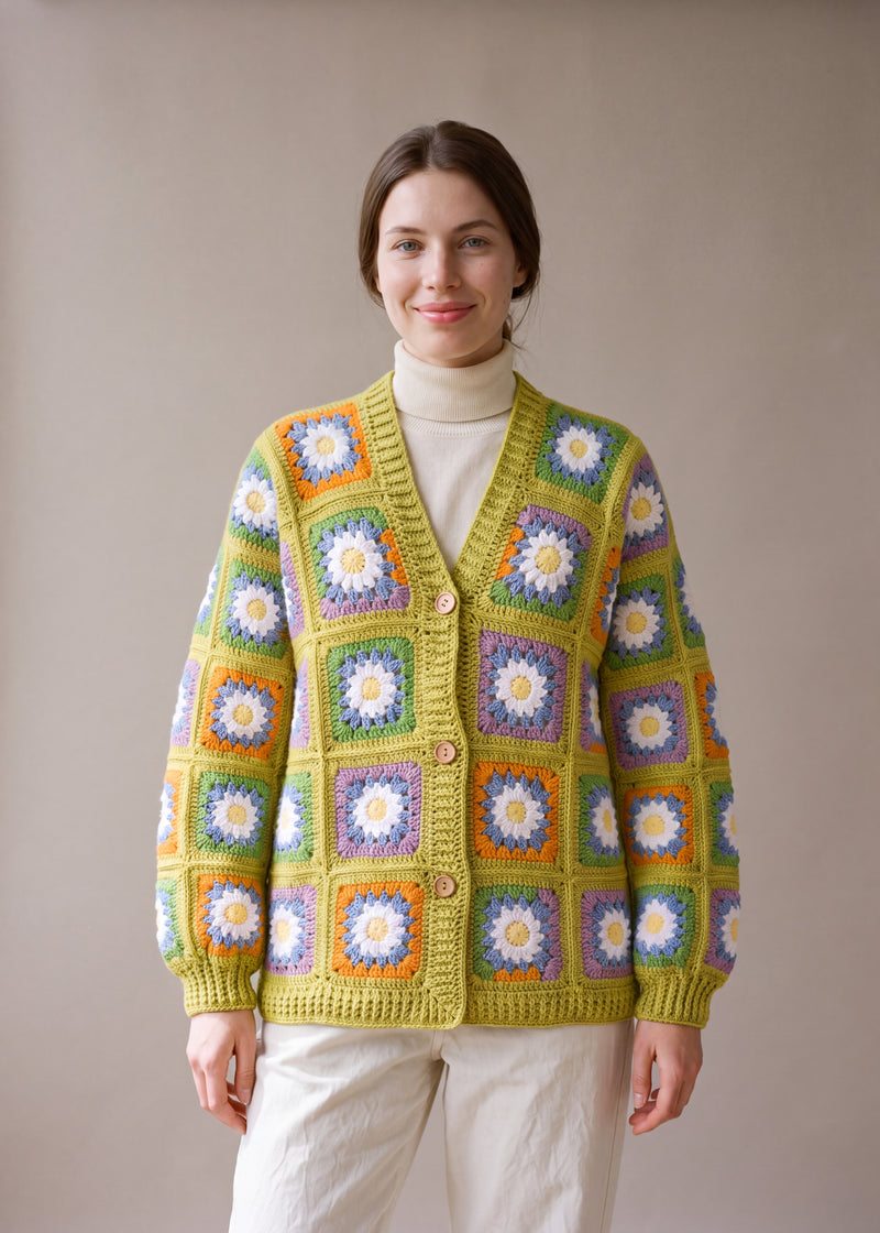 Yellow Daisy Cardigan buttoned - handmade crochet cardigan by Ana Chic, Brighton studio