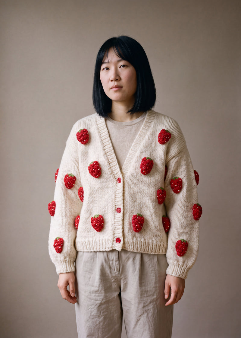 Strawberry Cardigan - cream chunky hand-knitted wool cardigan with crocheted motifs, worn open over a plain top by Ana Chic