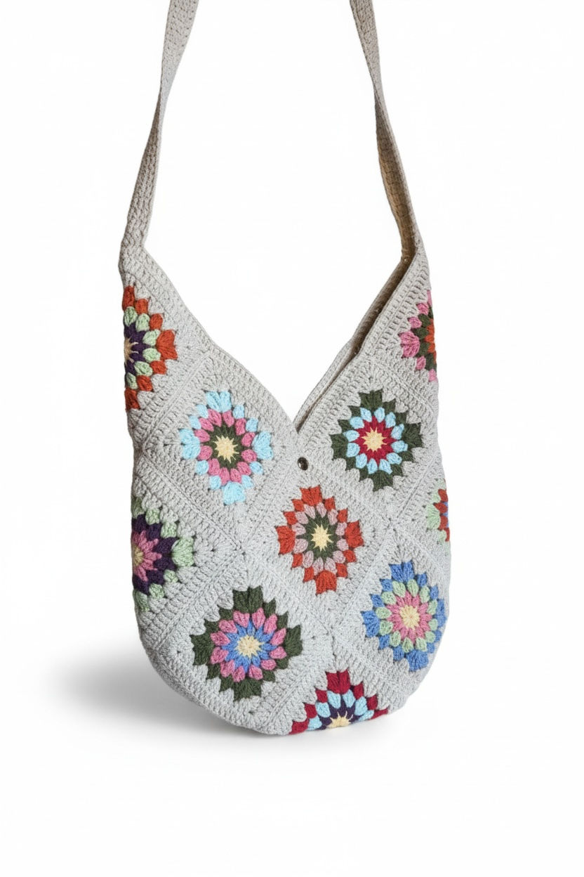 Handmade crossbag — handmade organic cotton crochet bag by Ana Chic, styled view