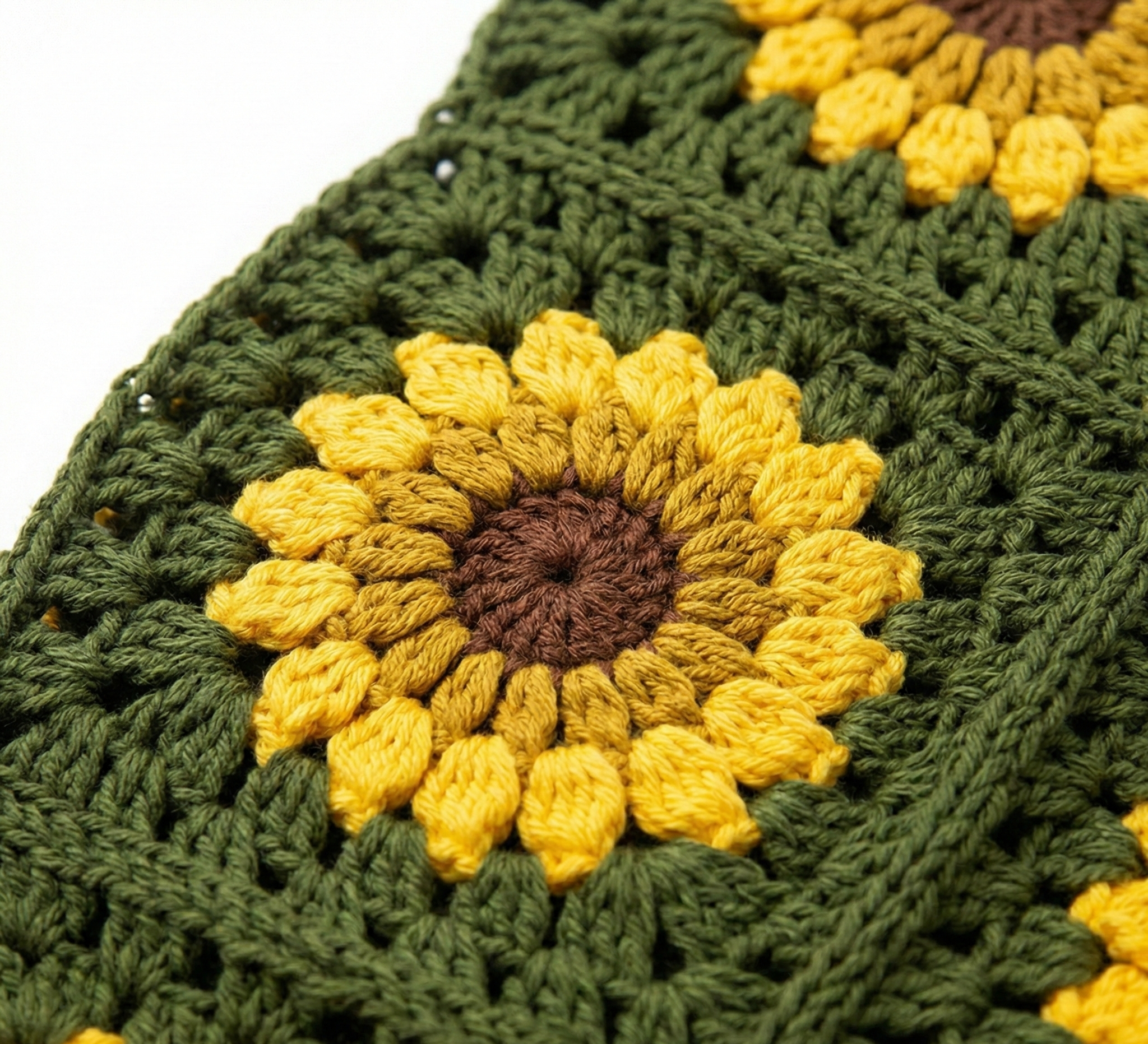 Sunflower Khaki Cardigan — handmade organic cotton crochet cardigan by Ana Chic, detail 2
