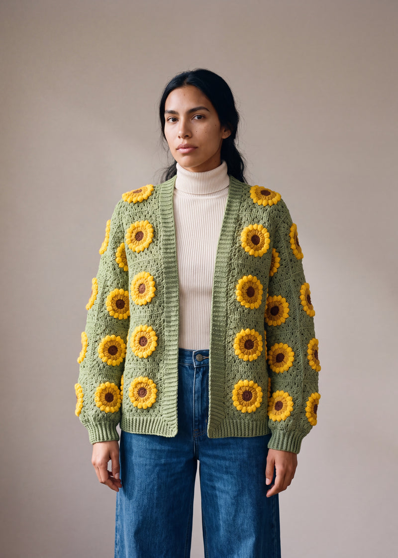 3D Sunflower Green Cardigan - Sage green crocheted granny square cardigan with raised crochet sunflowers, worn by Ana Chic