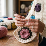 Hands crocheting a dusty-pink layered rose on a cream granny square with an olive leaf round — handmade by Ana Chic