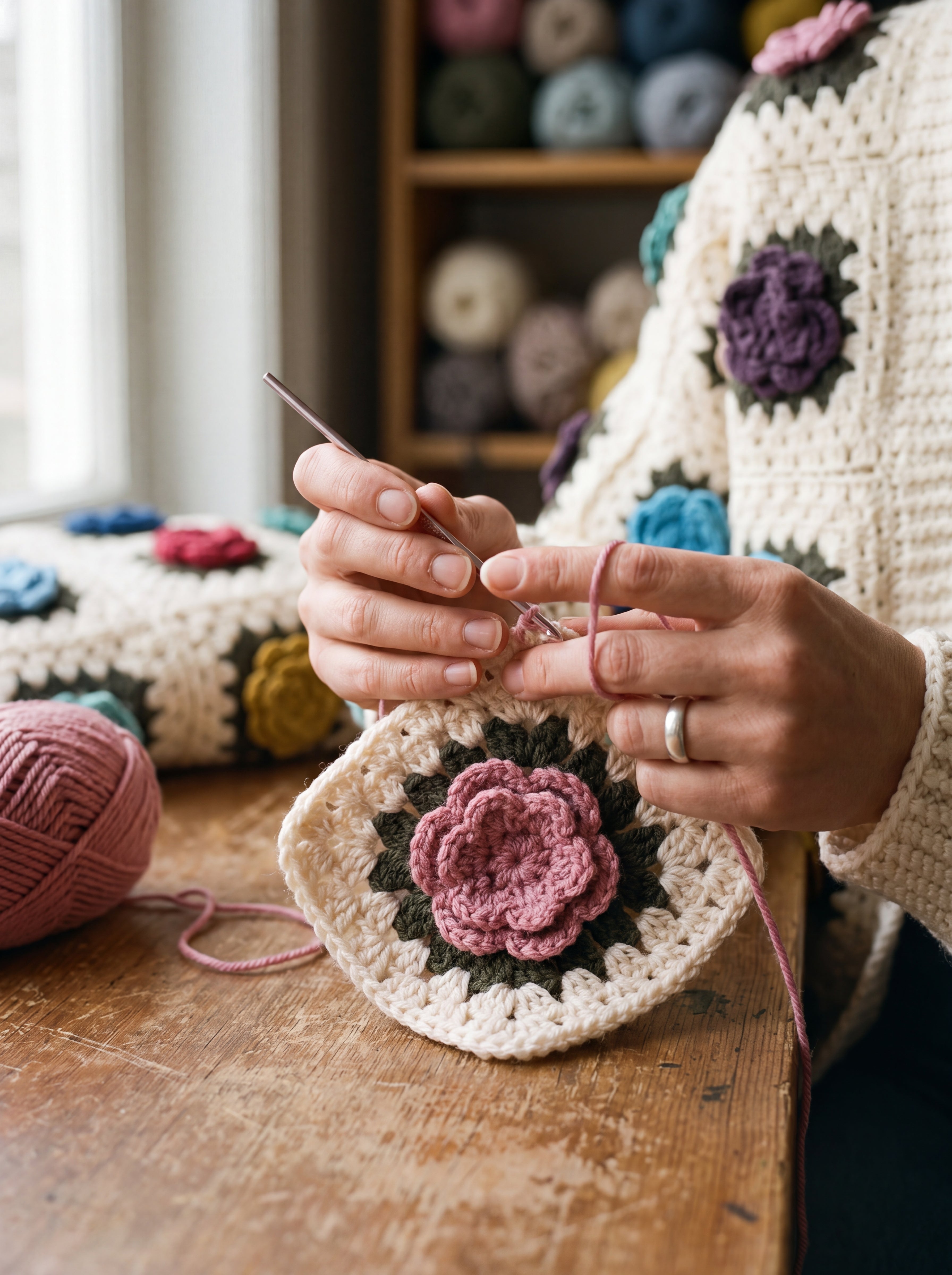 Hands crocheting a dusty-pink layered rose on a cream granny square with an olive leaf round — handmade by Ana Chic