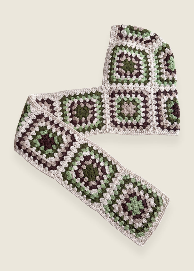 Cream granny-square crochet hooded scarf laid flat, hood and long scarf in one piece — handmade by Ana Chic