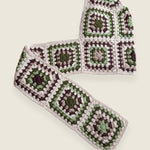 Cream granny-square crochet hooded scarf laid flat, hood and long scarf in one piece — handmade by Ana Chic