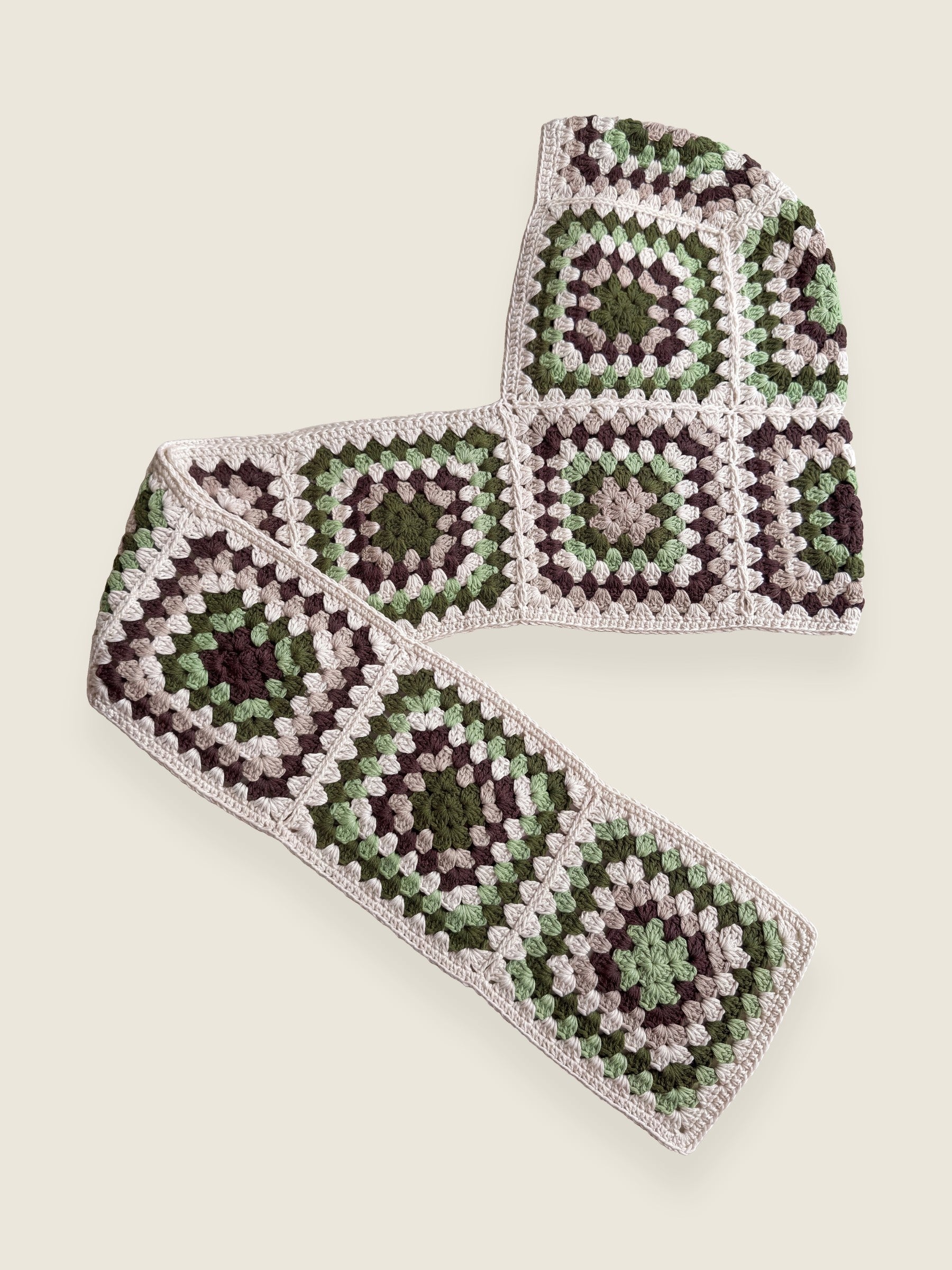 Cream granny-square crochet hooded scarf laid flat, hood and long scarf in one piece — handmade by Ana Chic