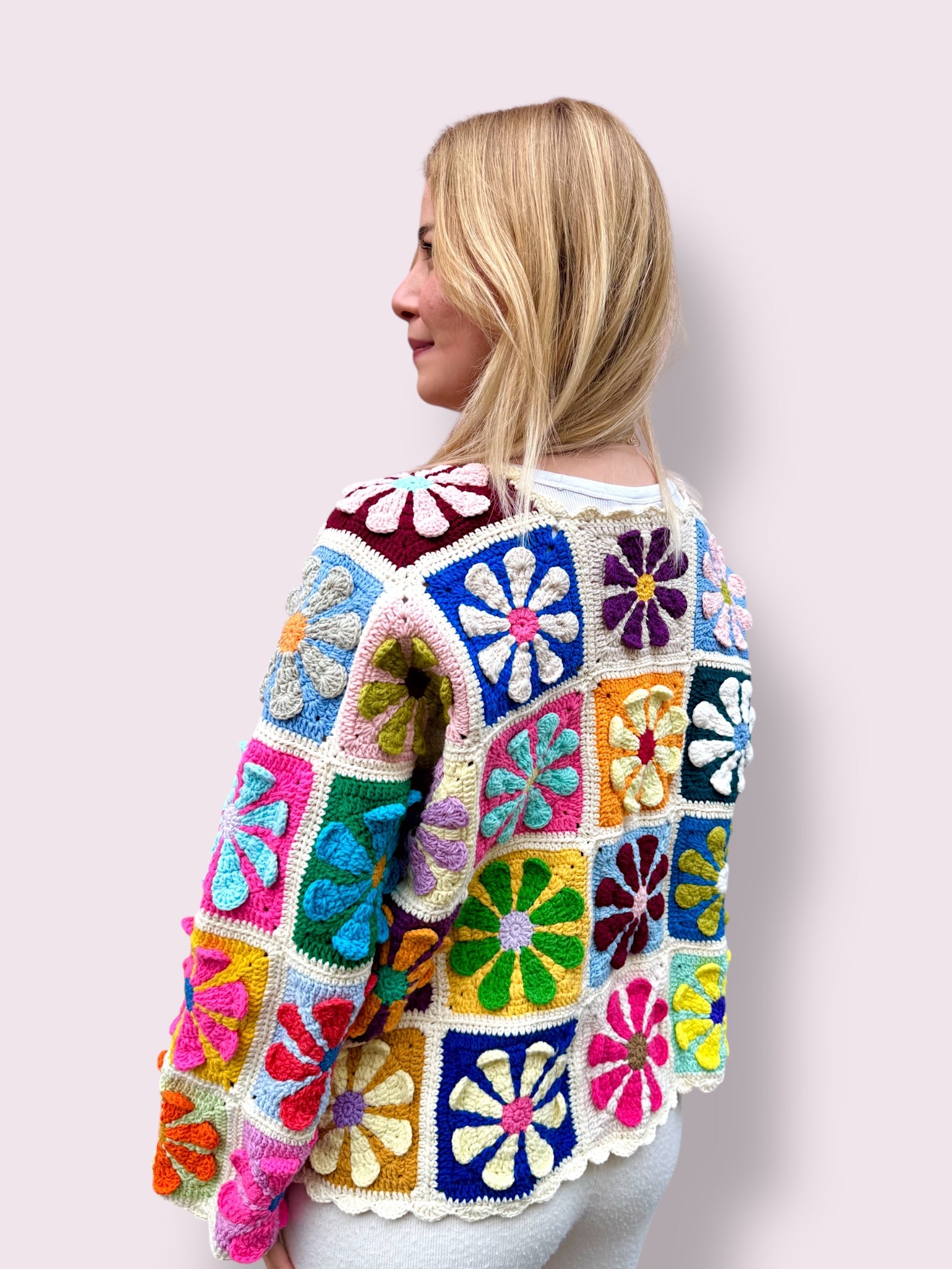 Handmade organic cotton crochet sunny petal cardigan by Ana Chic