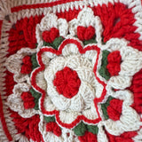 Close-up of the crocheted medallion on the red crochet tote bag — handmade by Ana Chic