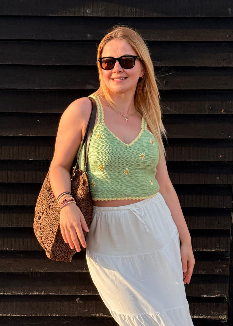 Floria Crop Top in Green, handmade crochet