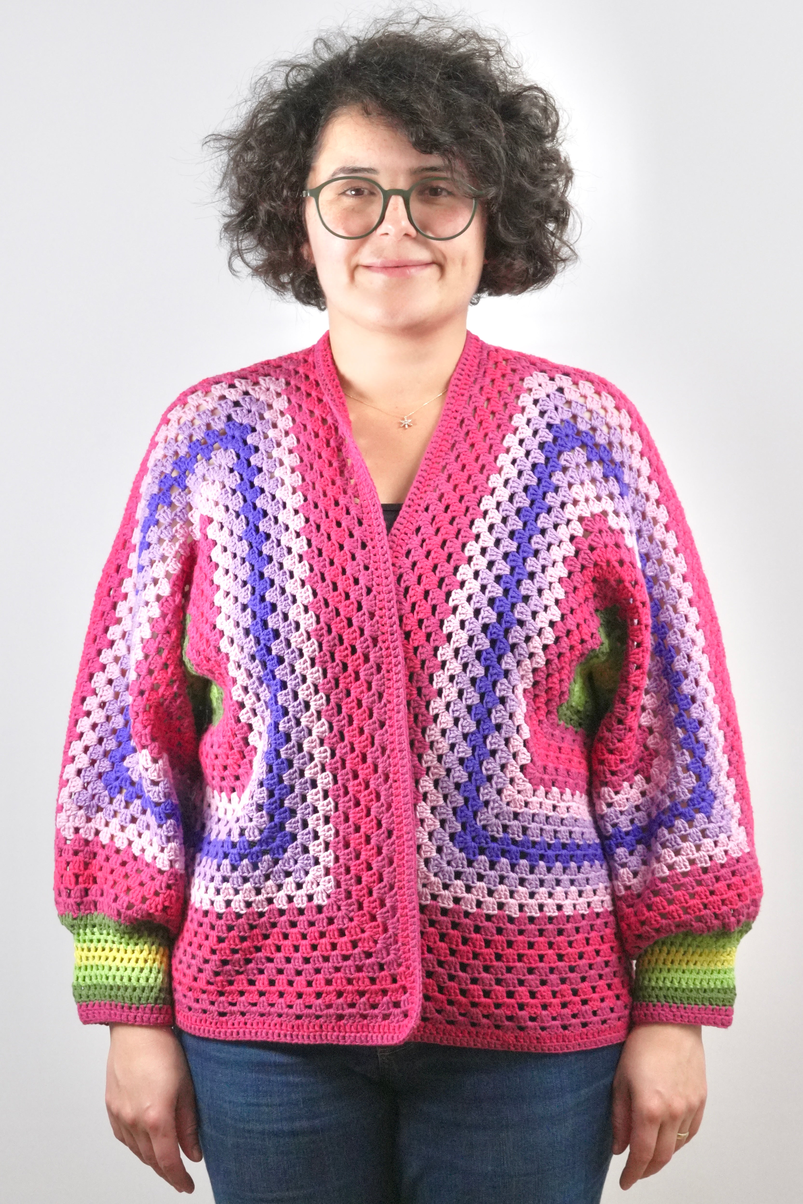Handmade organic cotton crochet pink wave cardigan by Ana Chic