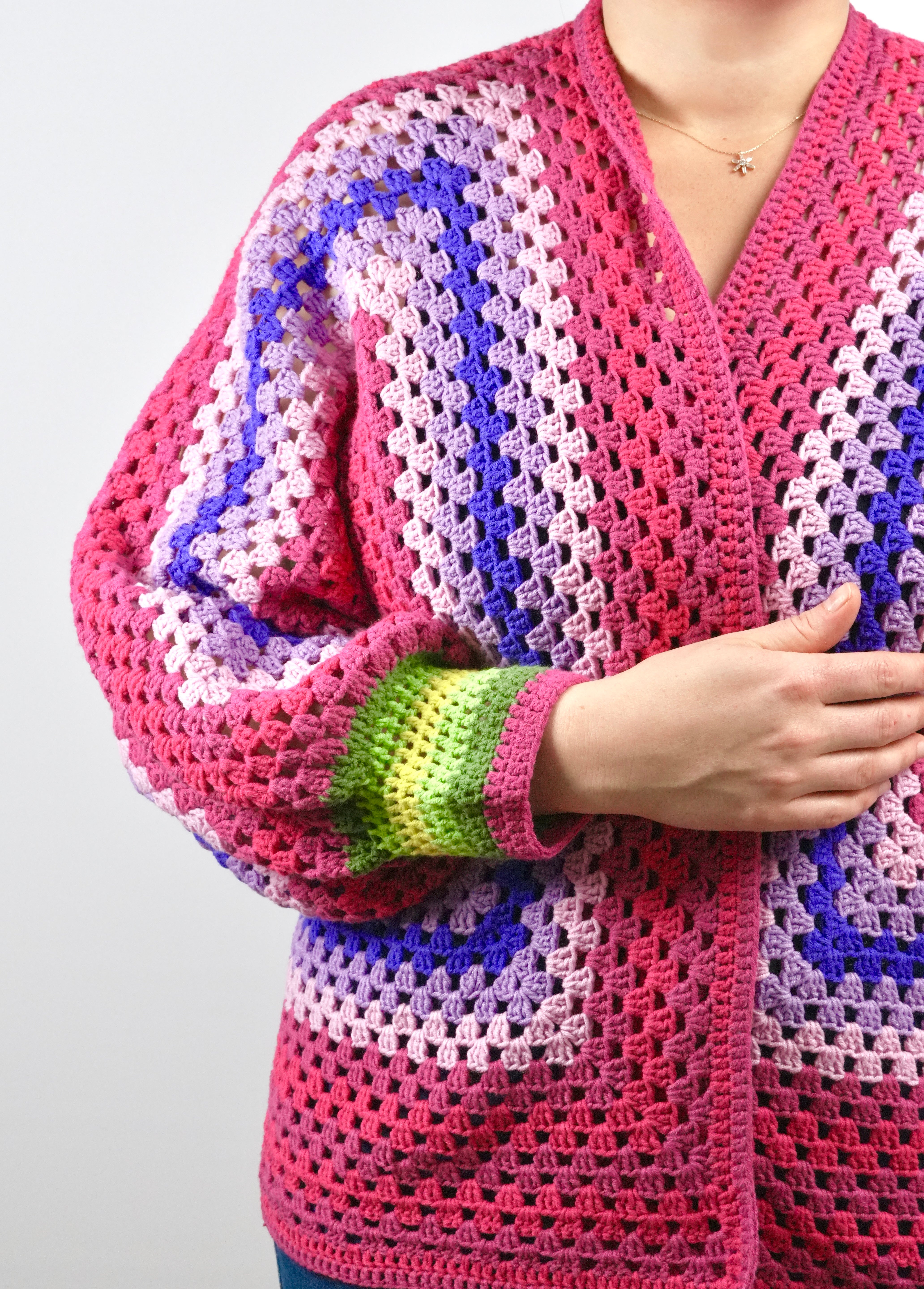 Handmade organic cotton crochet pink wave cardigan by Ana Chic