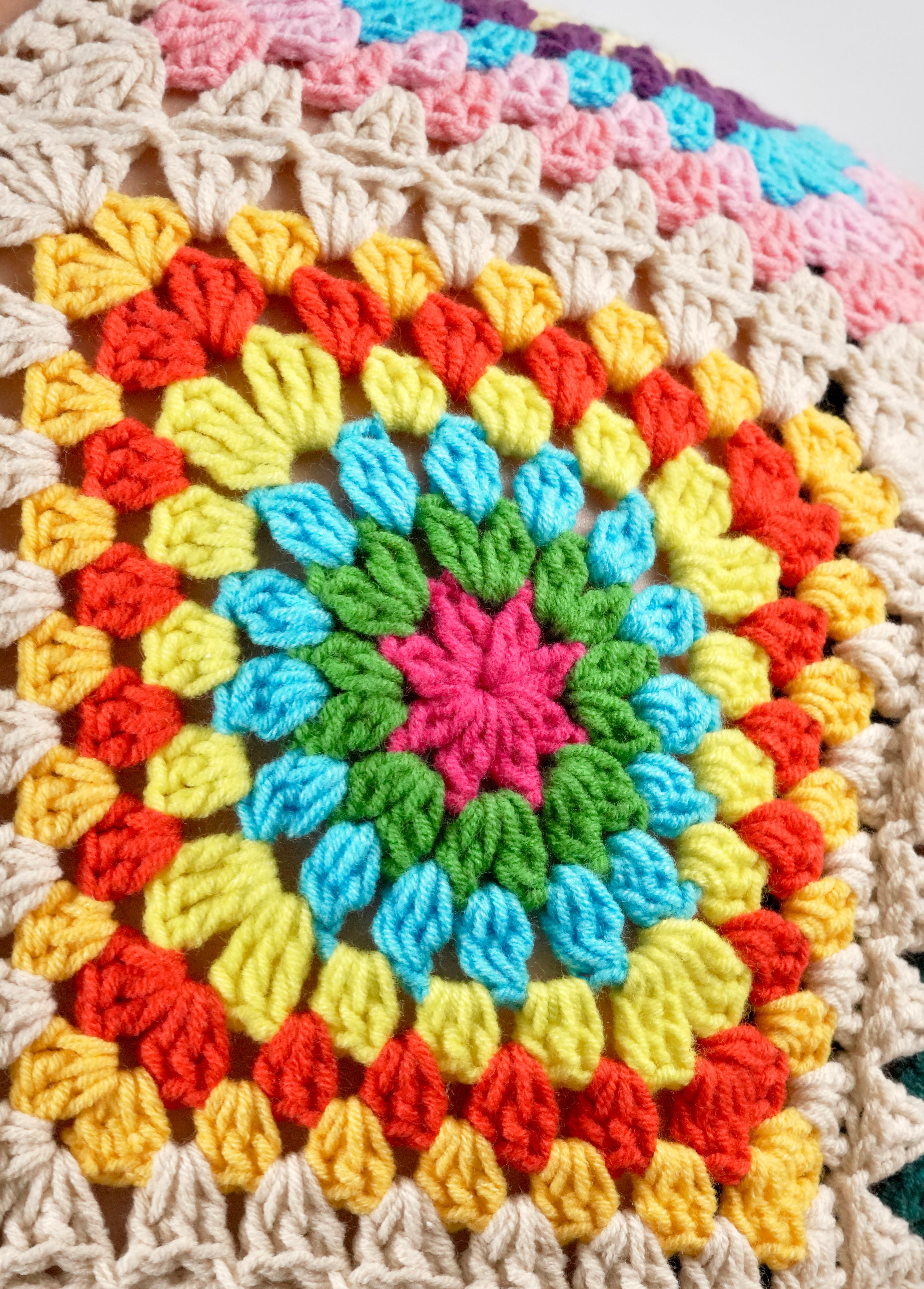 Handmade organic cotton crochet rainbow mosaic cardigan by Ana Chic