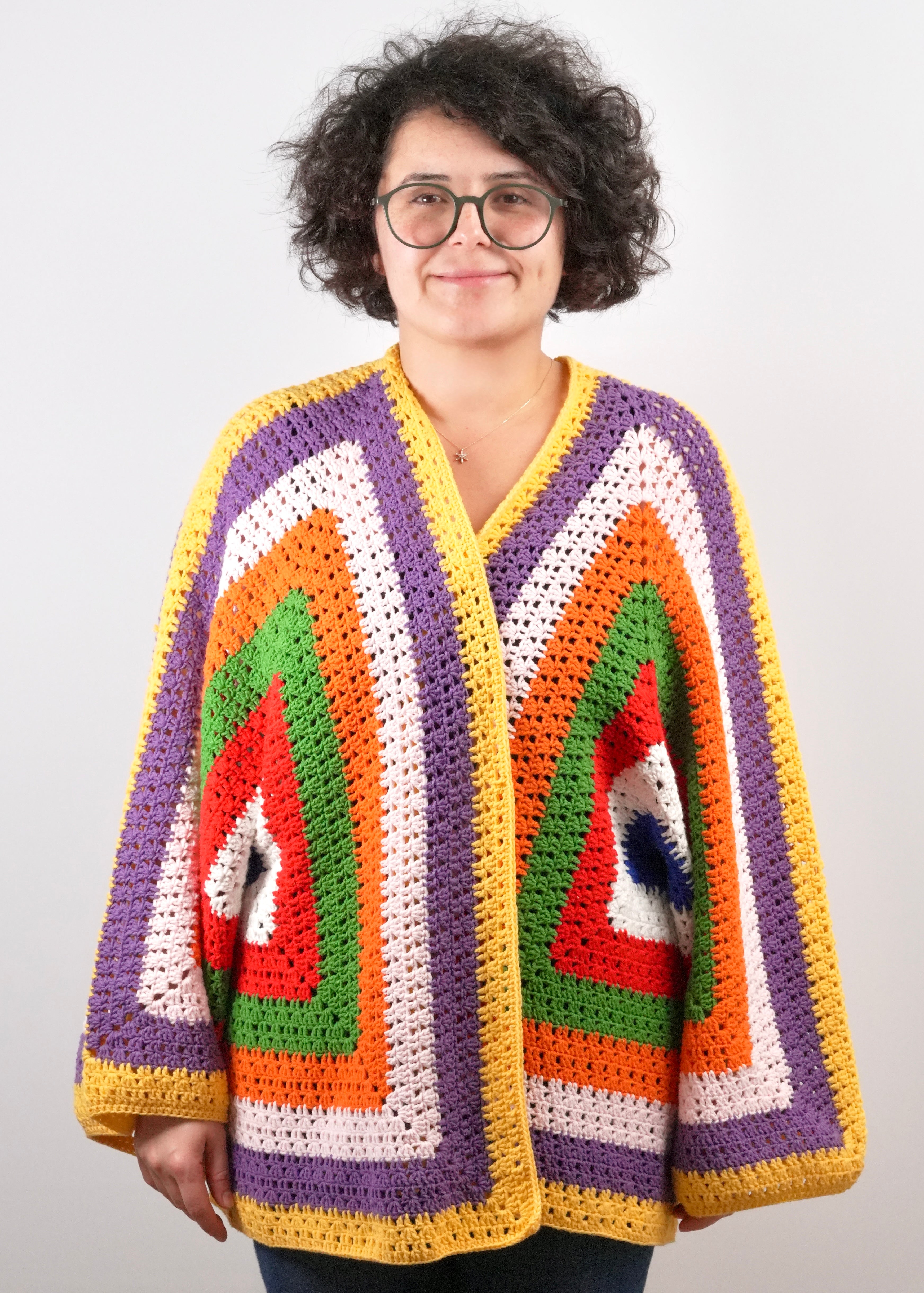 Handmade organic cotton crochet sunset geo crochet cardigan by Ana Chic