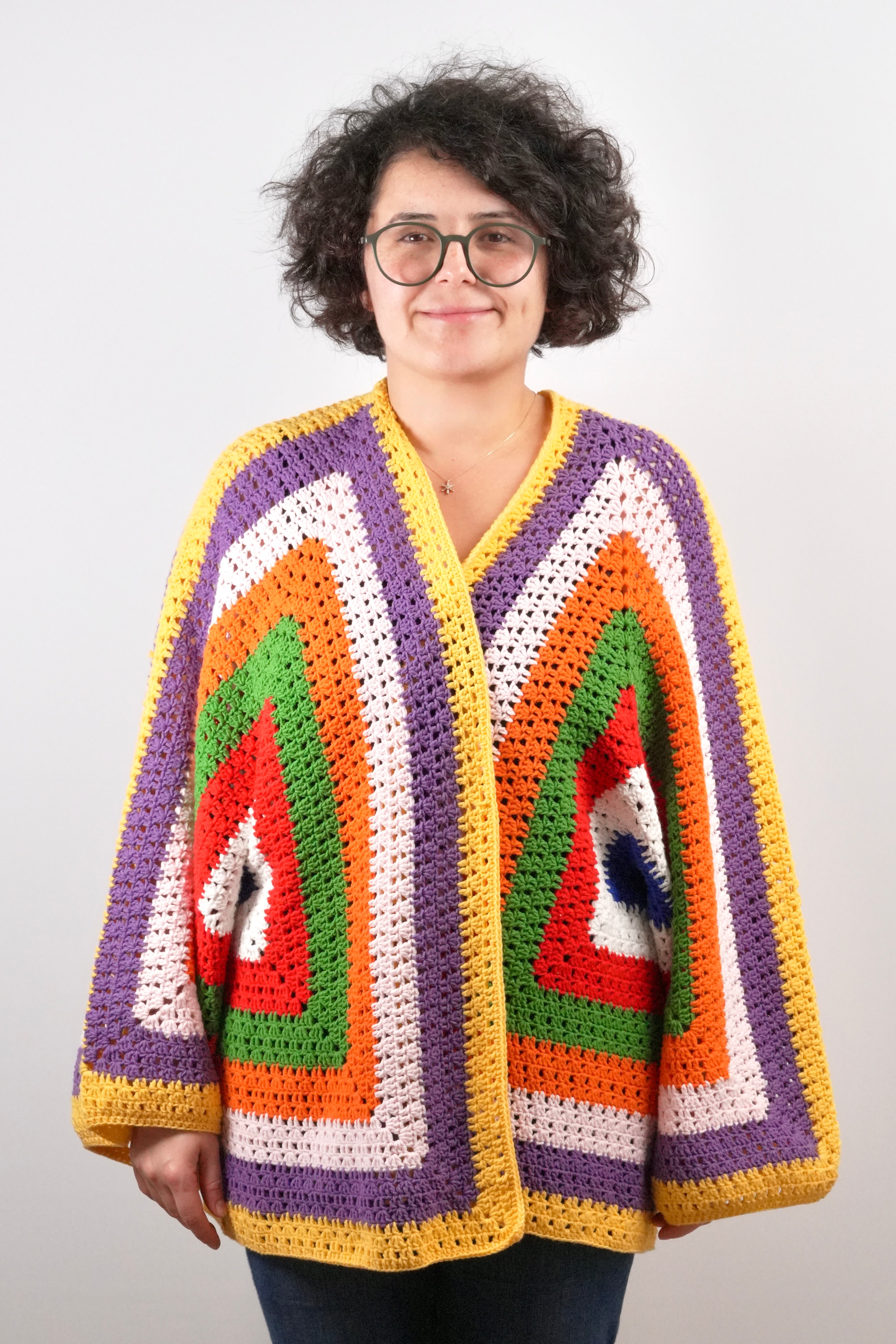 Handmade organic cotton crochet sunset geo crochet cardigan by Ana Chic