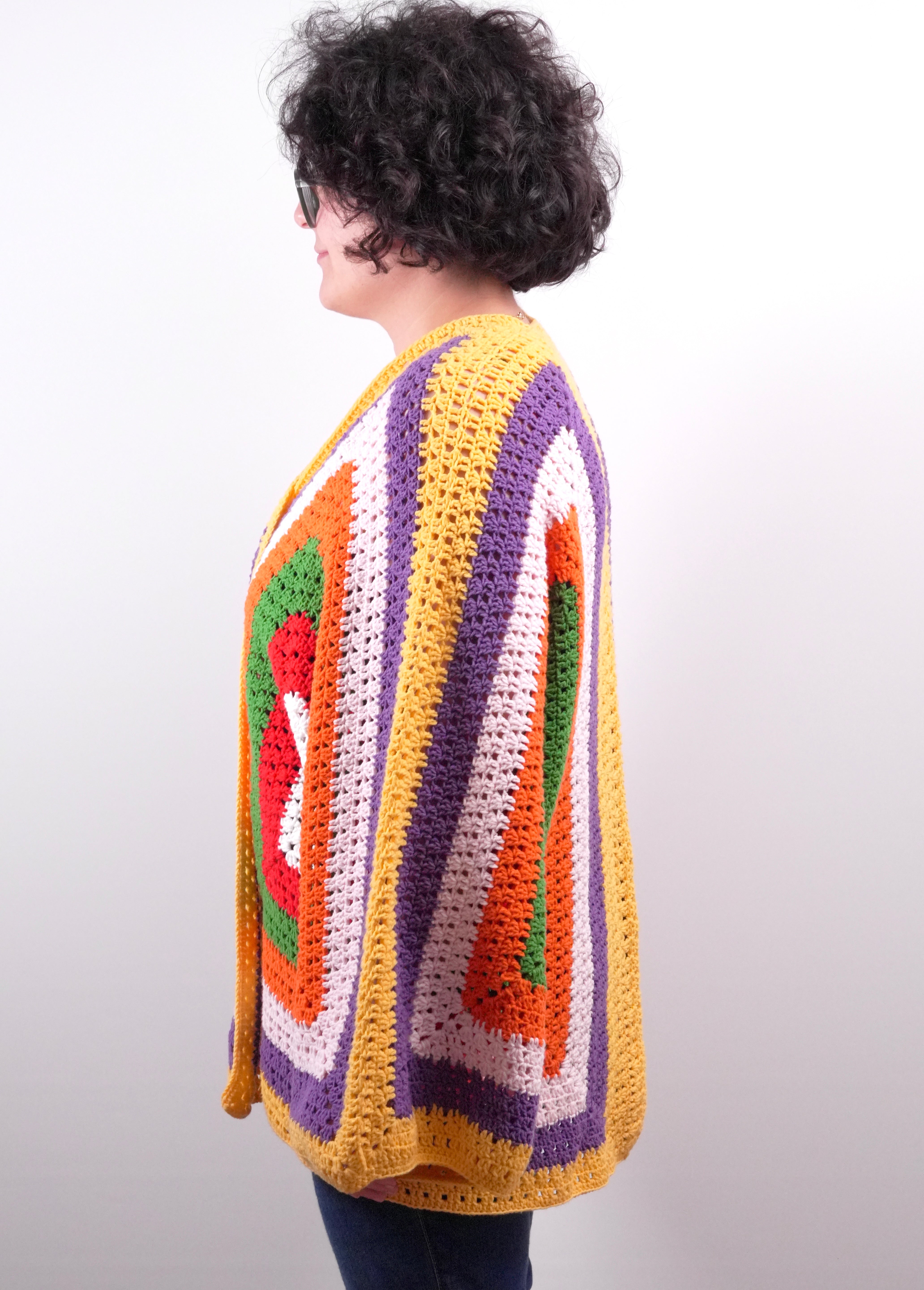 Handmade organic cotton crochet sunset geo crochet cardigan by Ana Chic