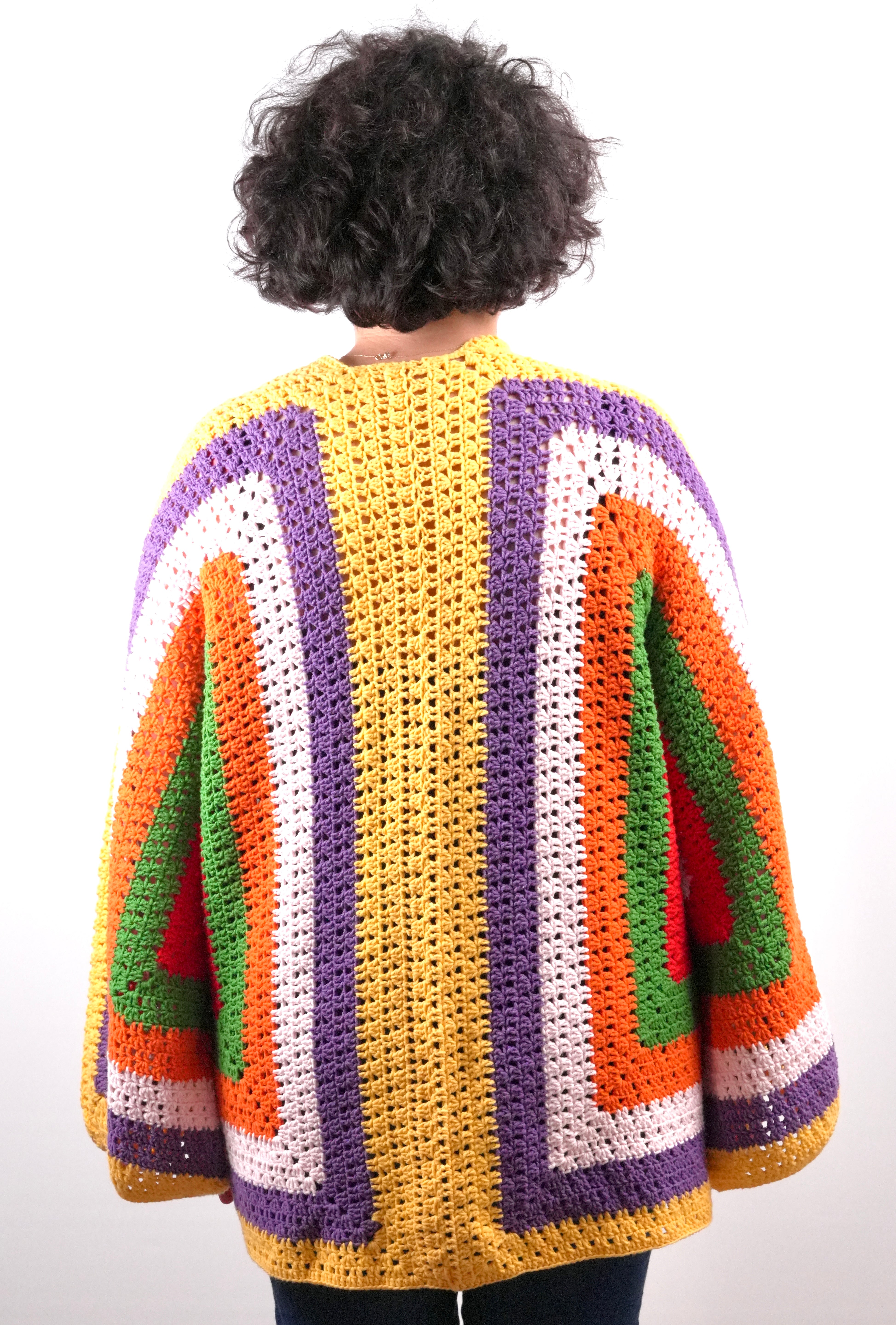 Handmade organic cotton crochet sunset geo crochet cardigan by Ana Chic