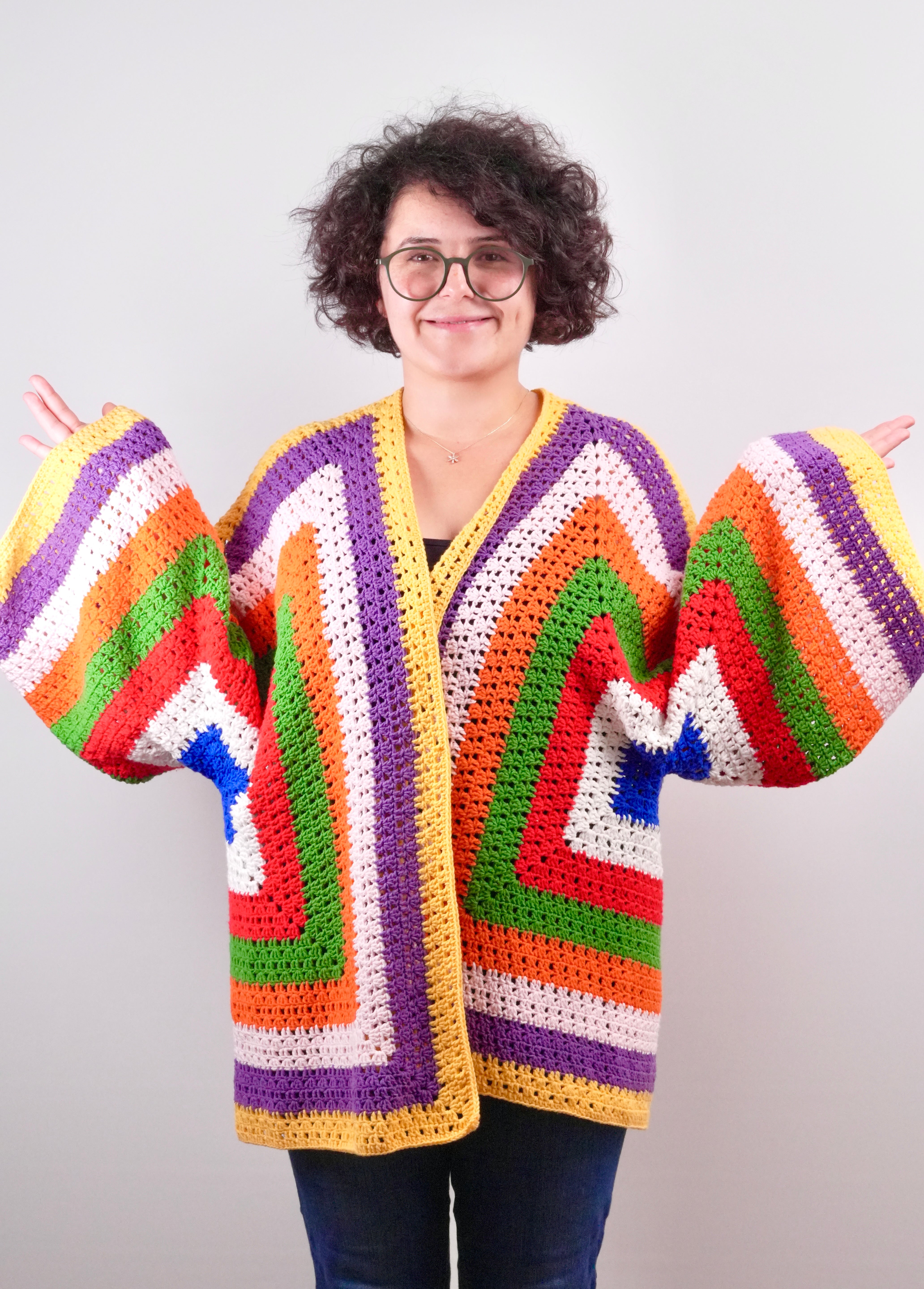 Handmade organic cotton crochet sunset geo crochet cardigan by Ana Chic