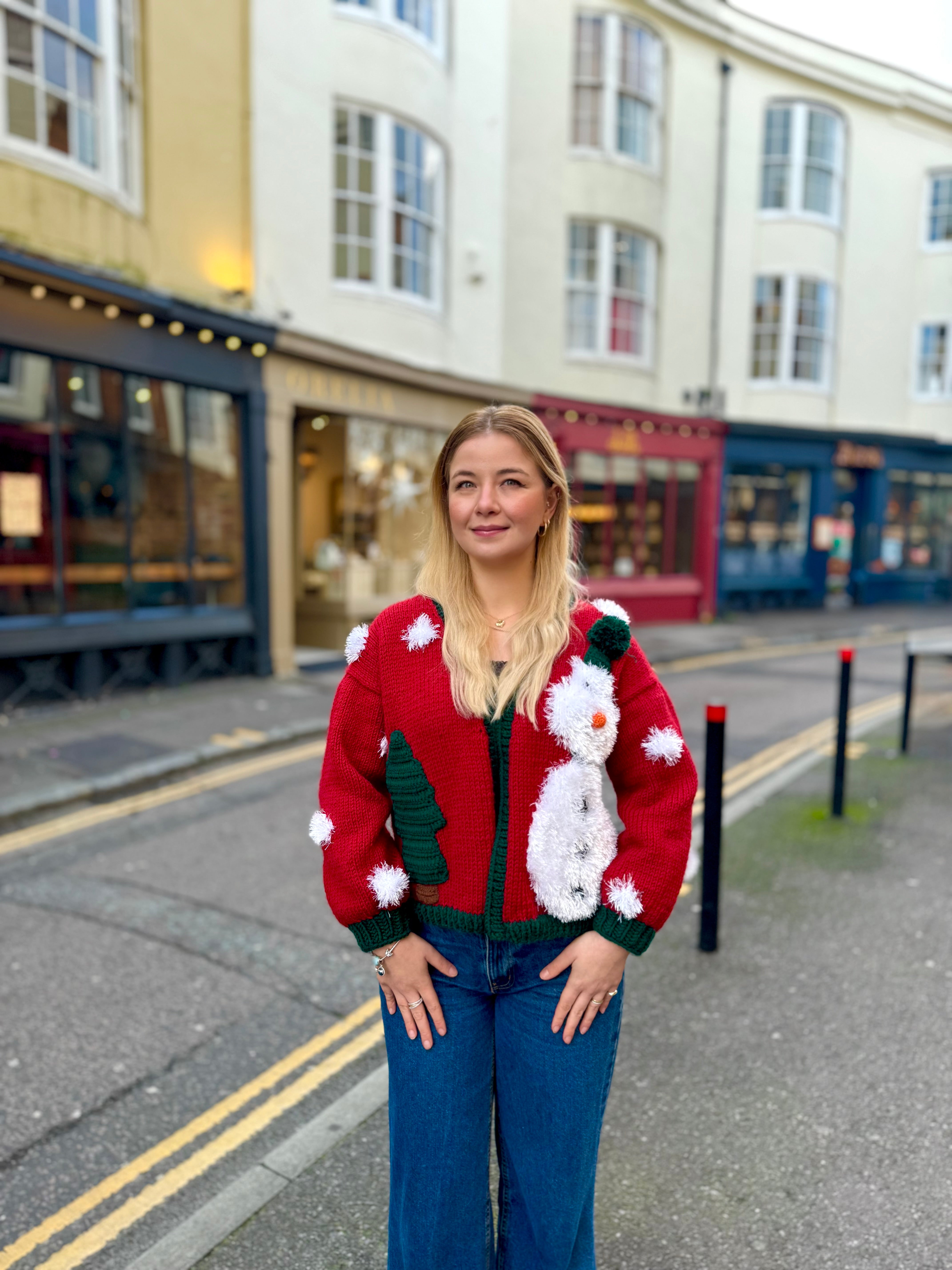 Handmade organic cotton crochet christmas snowman cardigan by Ana Chic