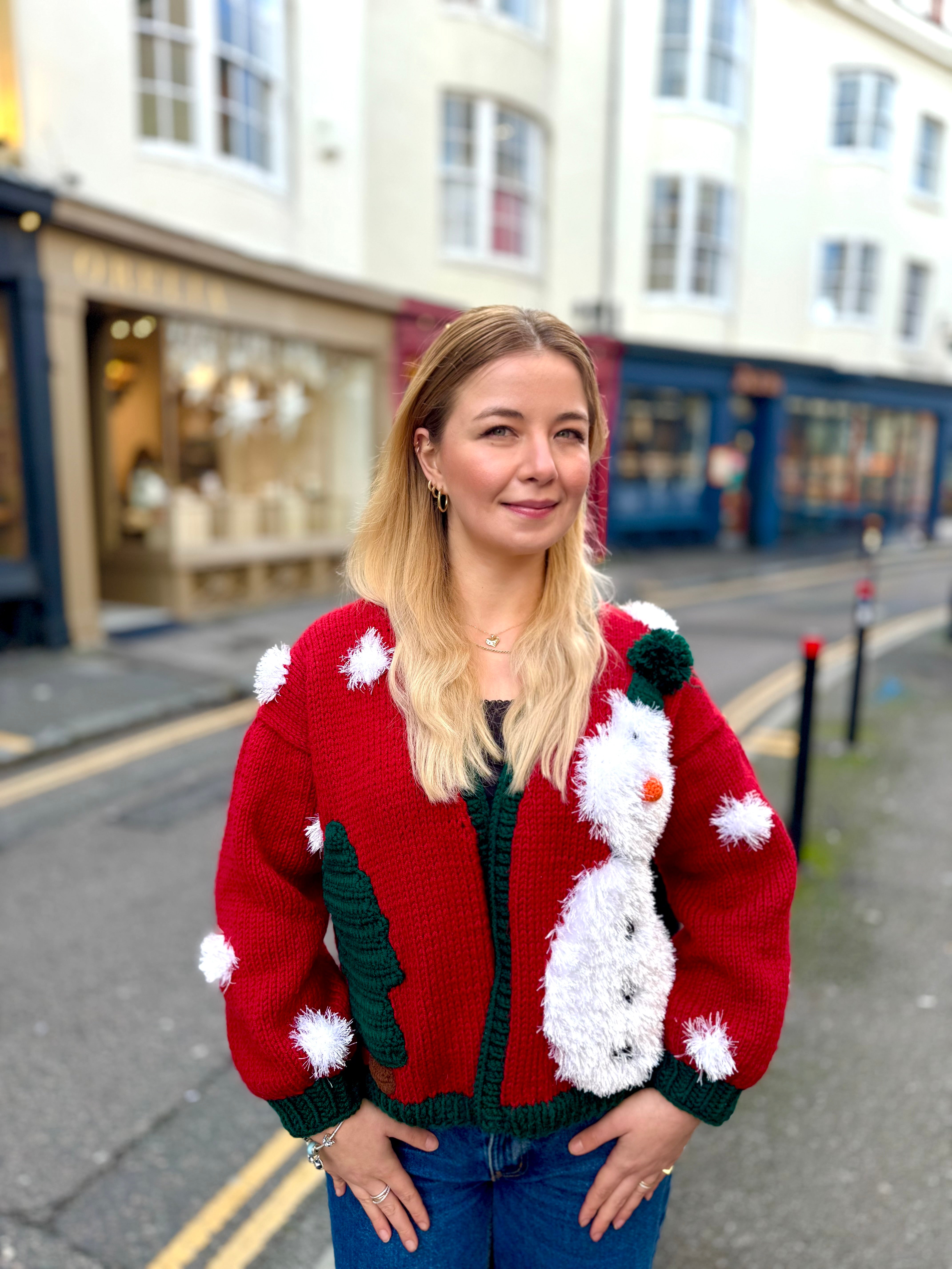 Handmade organic cotton crochet christmas snowman cardigan by Ana Chic