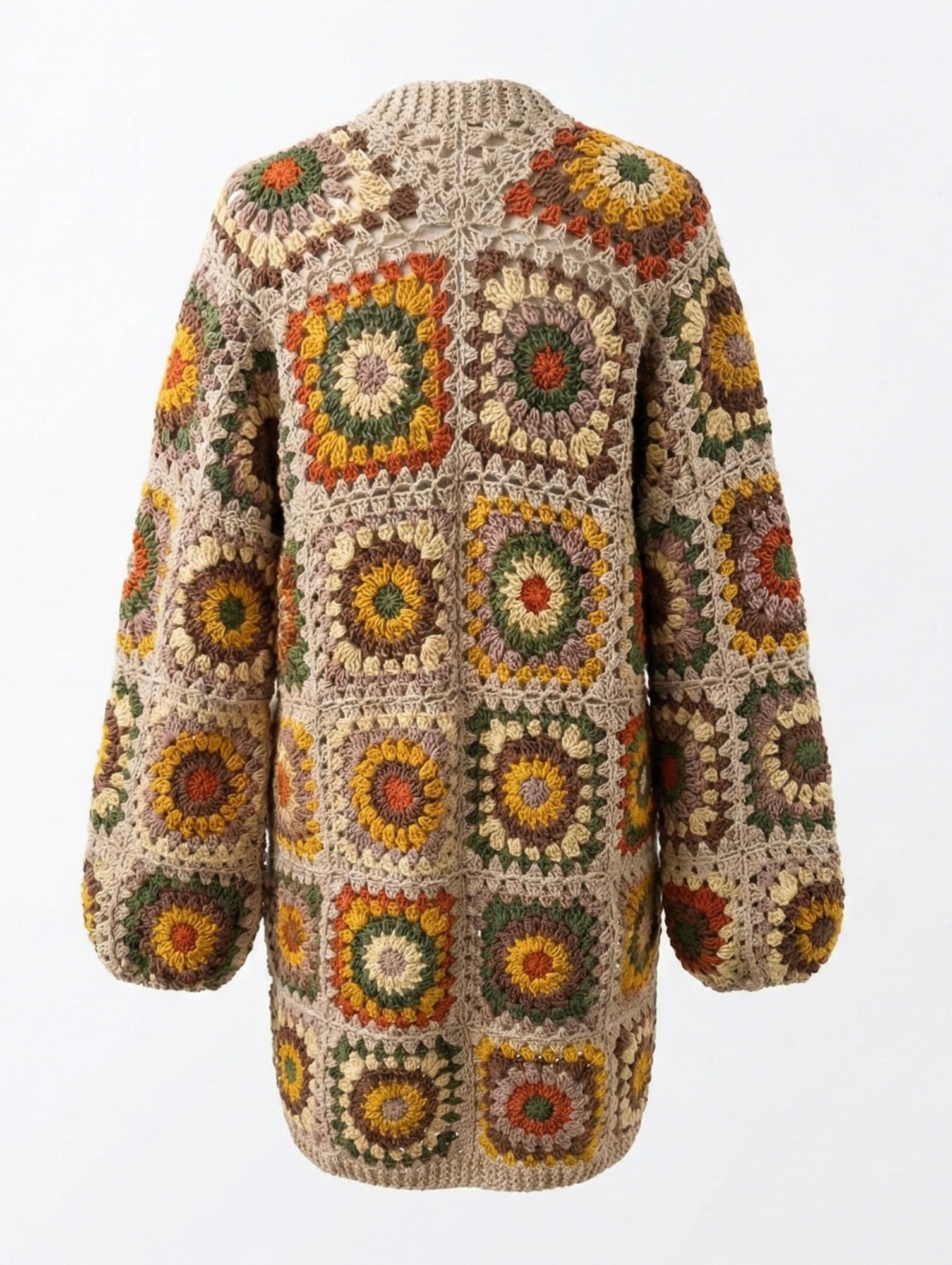 Boho long cardi — handmade organic cotton crochet cardigan by Ana Chic, styled view