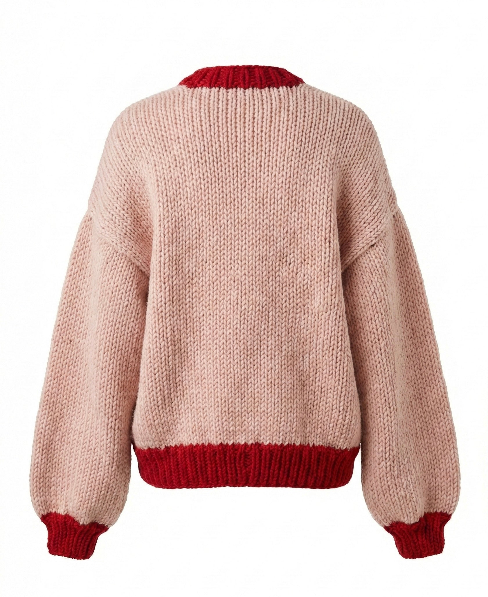 Strawberry  – Chunky Wool Hand-Knitted Cardigan — handmade chunky wool hand-knit cardigan by Ana Chic, detail 2