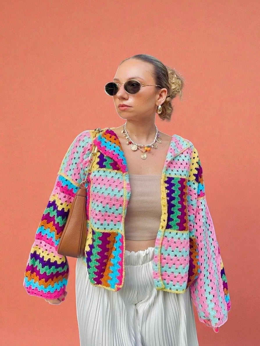 Handmade organic cotton crochet candy patch crochet cardigan by Ana Chic