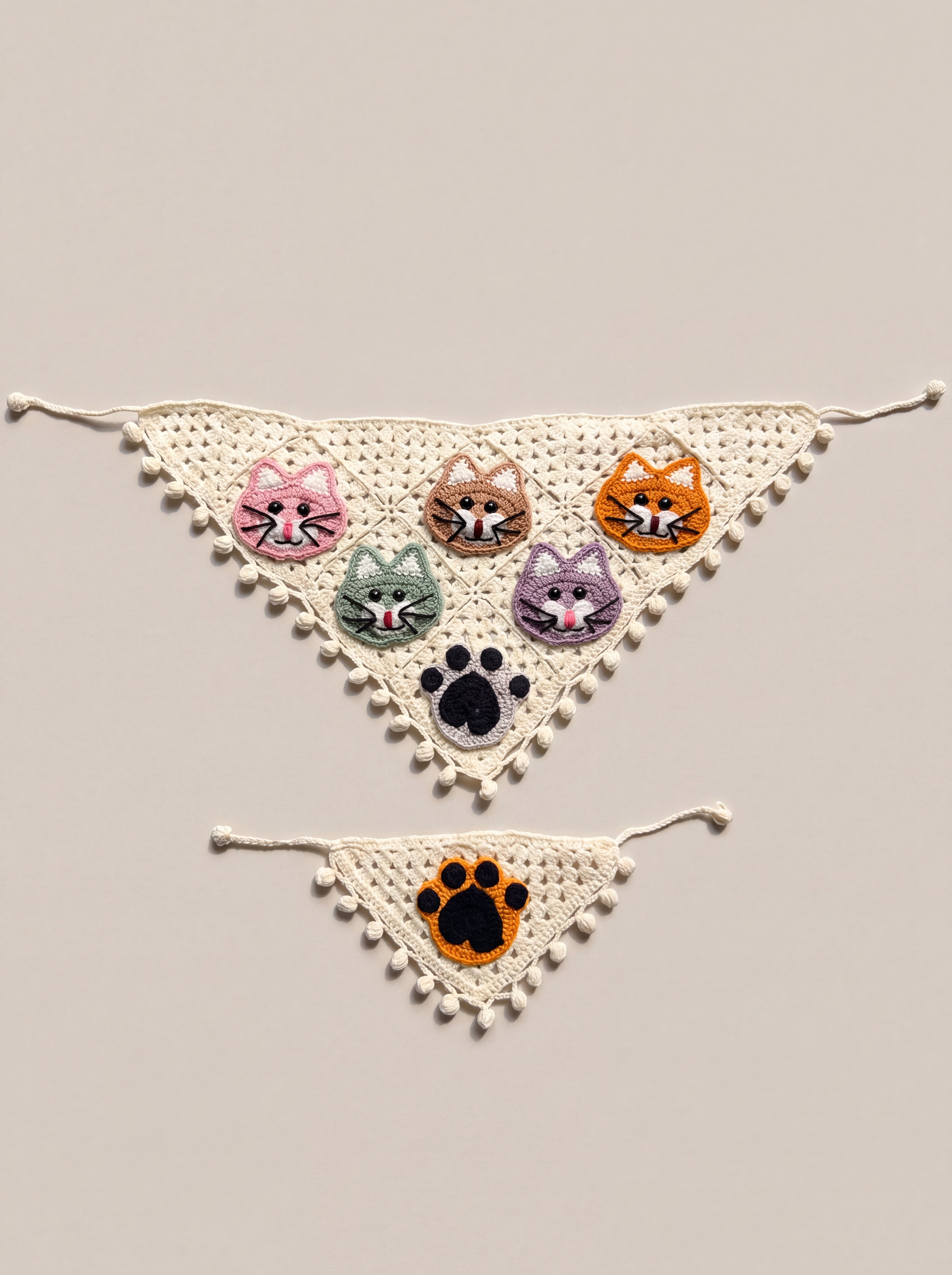 Cream crochet bandana set with five cat faces and a black paw, plus a small orange-paw cat bandana, laid flat — handmade by Ana Chic
