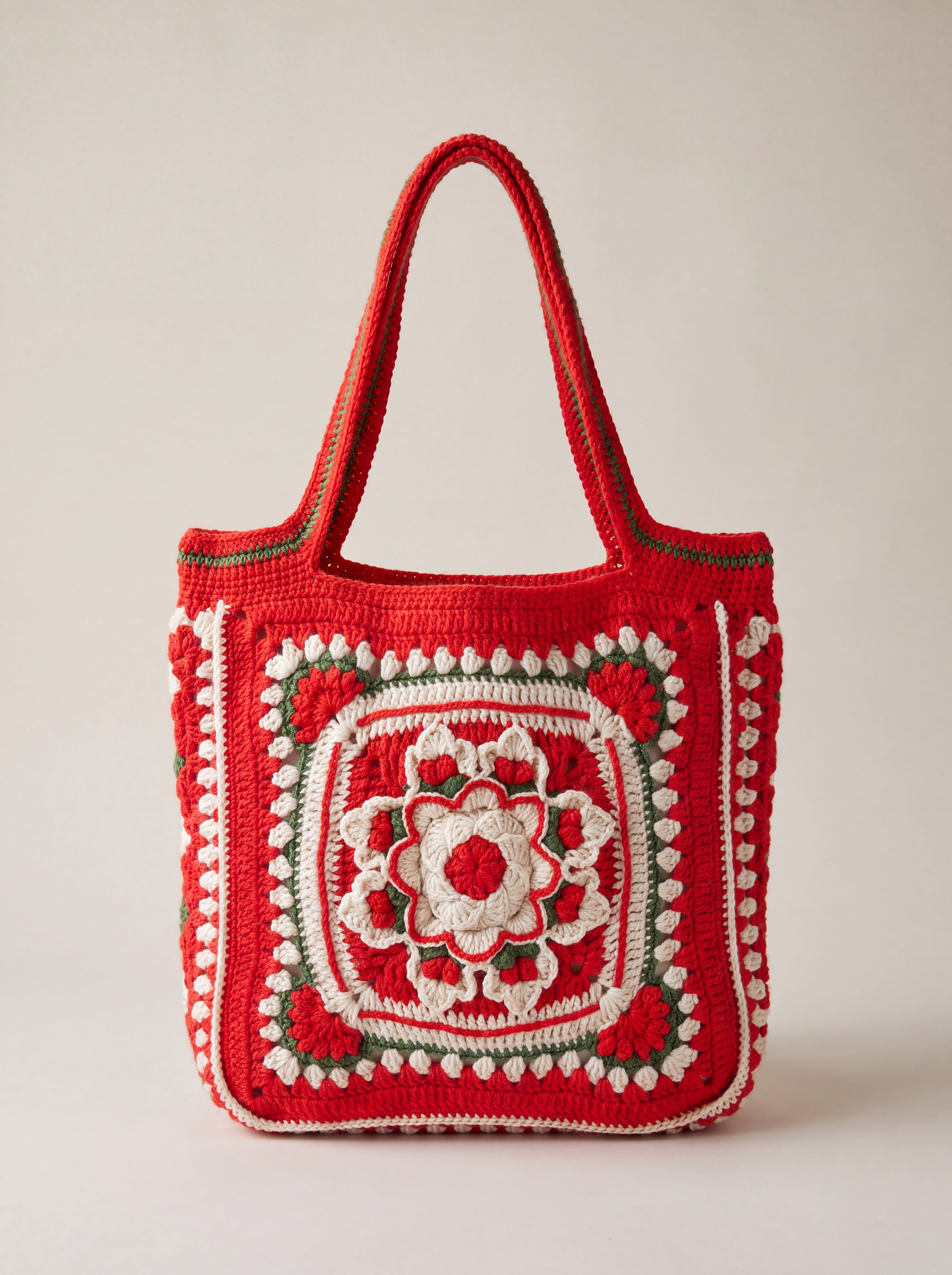 Front of the red crochet tote bag with its raised crocheted medallion — handmade by Ana Chic