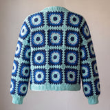 Back of the navy and aqua Ribbed Cuff Cardigan with aqua joins, ribbed hem and cuffs - handmade by Ana Chic