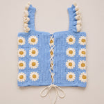 Blue Daisy Crochet Top, back: cream cord lace-up closure between daisy granny squares — handmade by Ana Chic