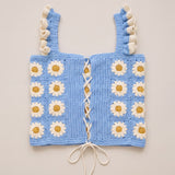 Blue Daisy Crochet Top, back: cream cord lace-up closure between daisy granny squares — handmade by Ana Chic