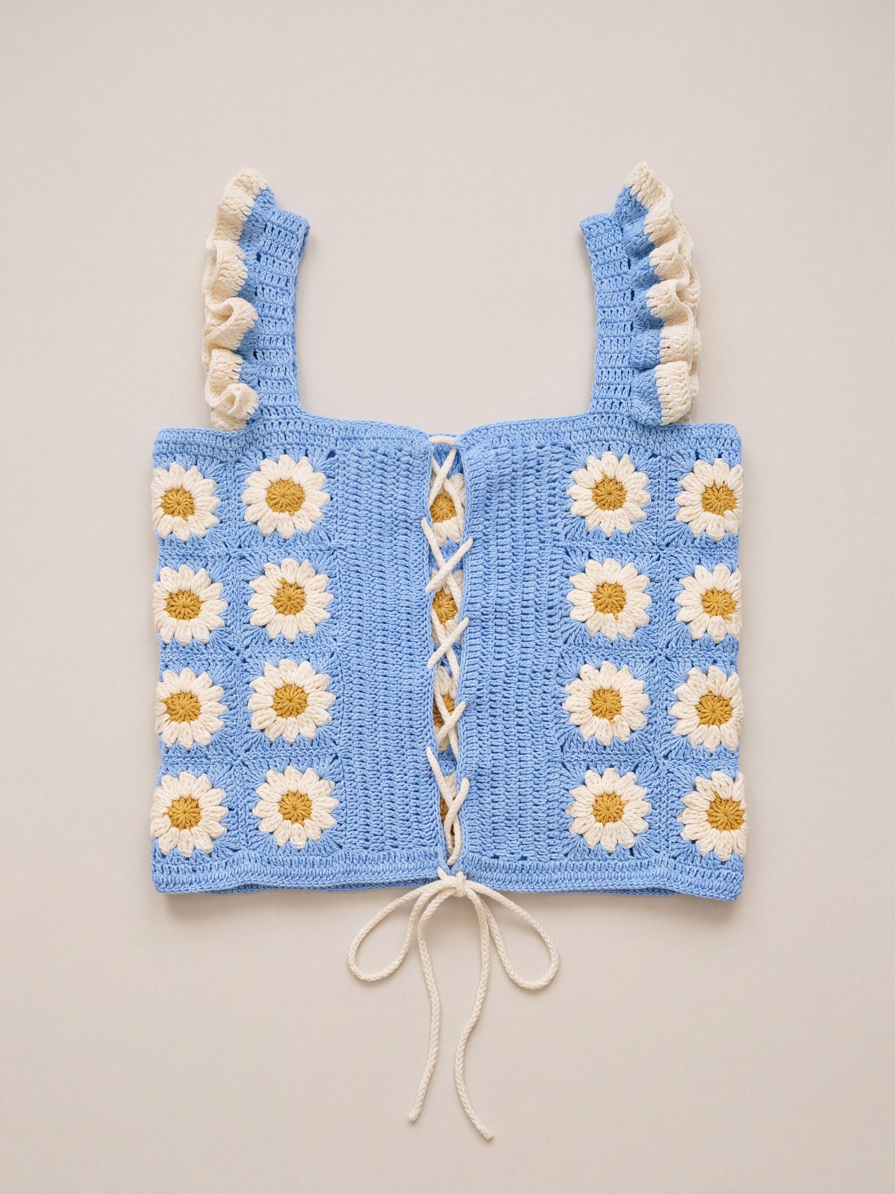 Blue Daisy Crochet Top, back: cream cord lace-up closure between daisy granny squares — handmade by Ana Chic
