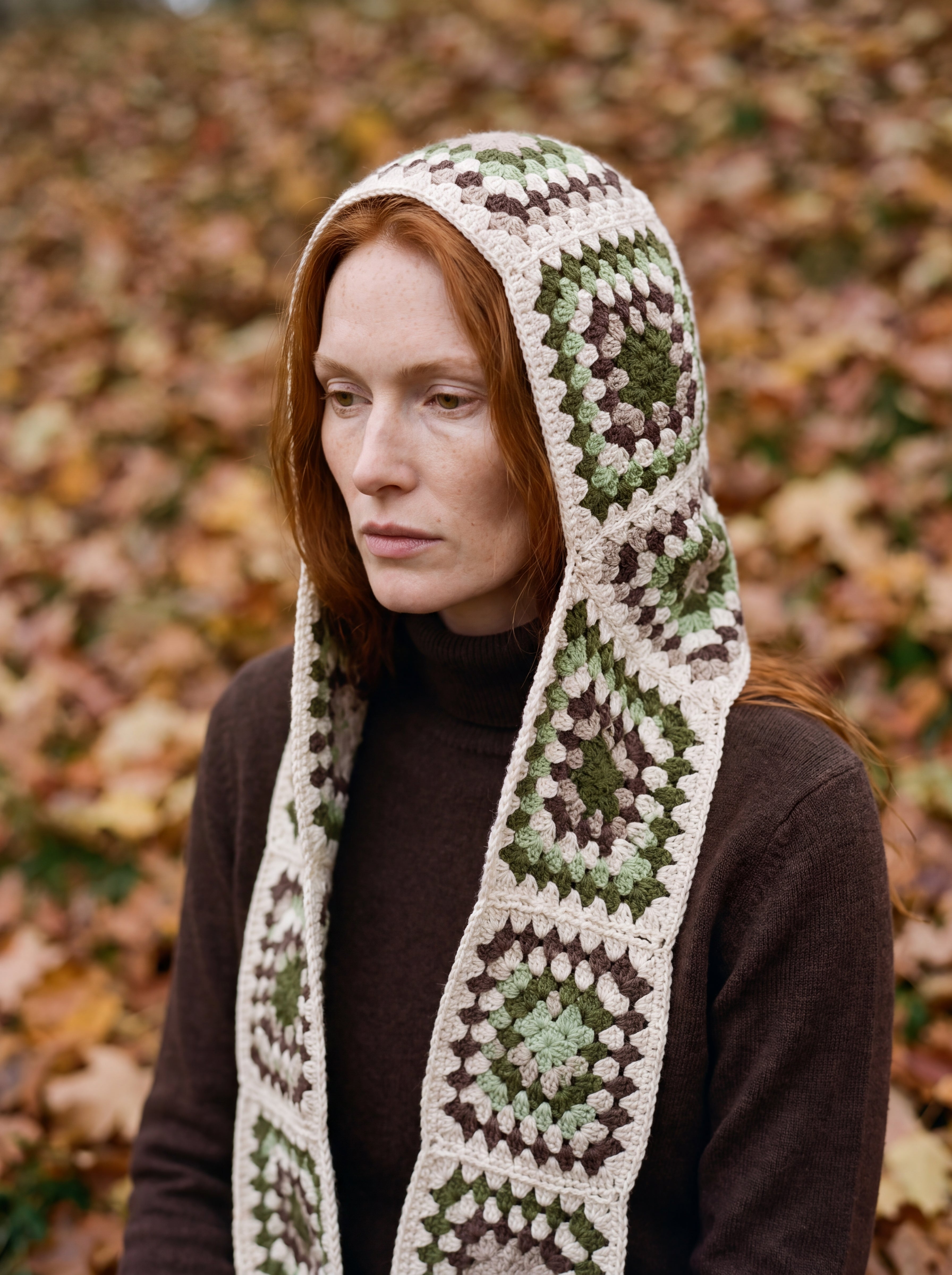 Cream granny-square crochet hooded scarf worn with the hood up and the tails down the front — handmade by Ana Chic