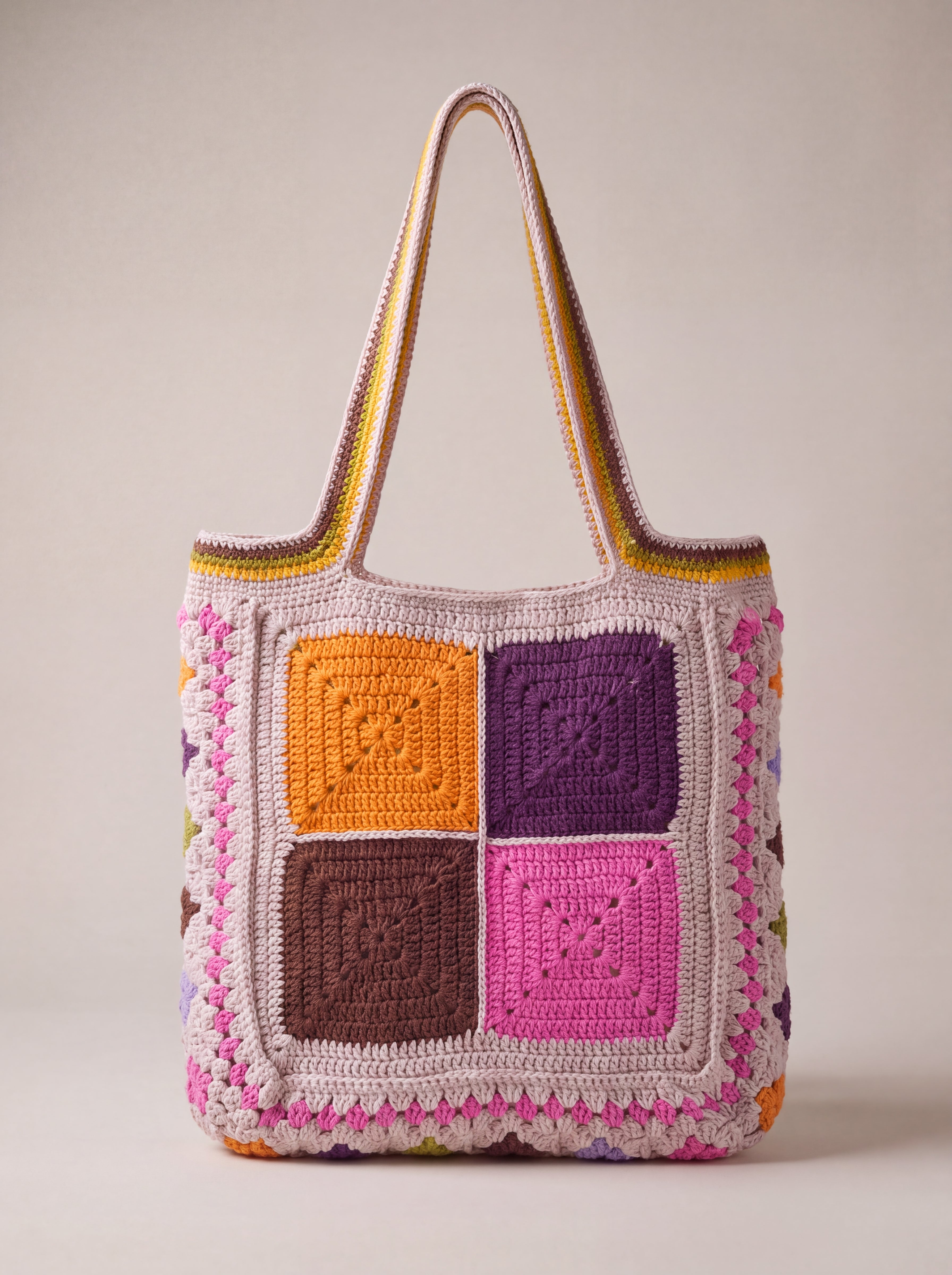 Back of the pink crochet tote bag with four plain granny squares — handmade by Ana Chic