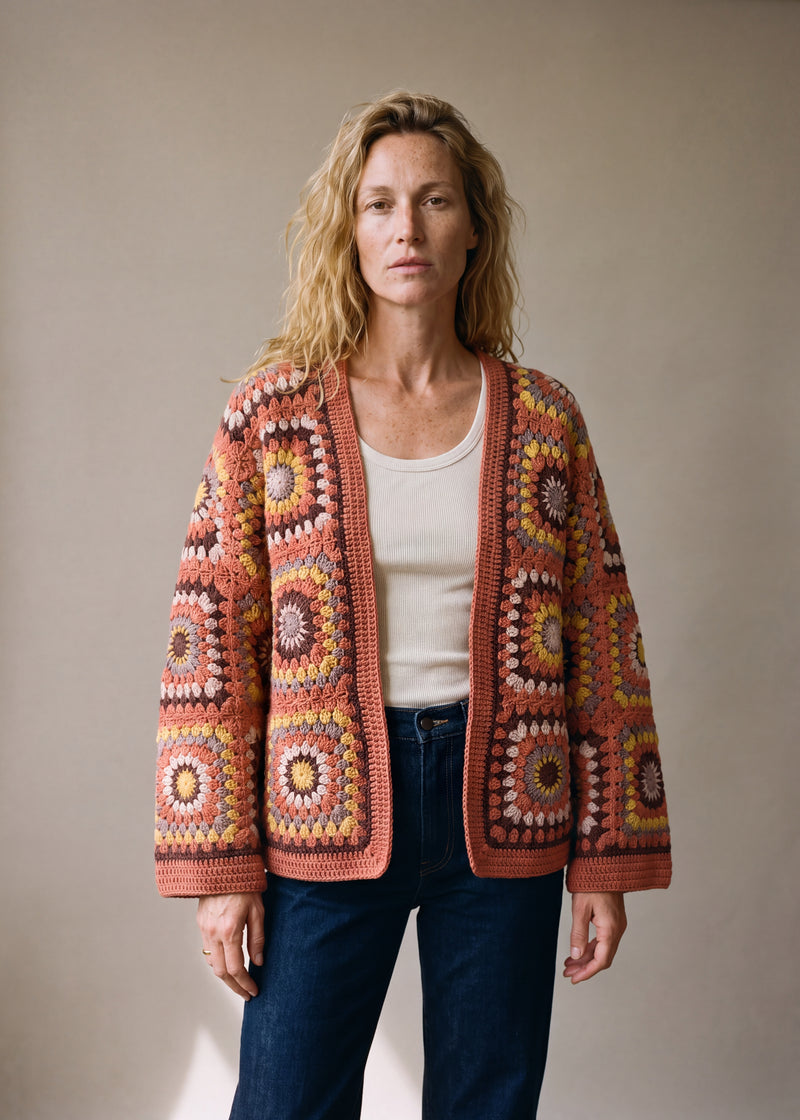 Boho Mosaic Orange - rust orange handmade crochet granny square cardigan worn open over a plain top by Ana Chic