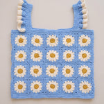 Blue Daisy Crochet Top, front: cream daisy granny squares on cornflower blue with ruffle straps — handmade by Ana Chic