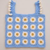 Blue Daisy Crochet Top, front: cream daisy granny squares on cornflower blue with ruffle straps — handmade by Ana Chic