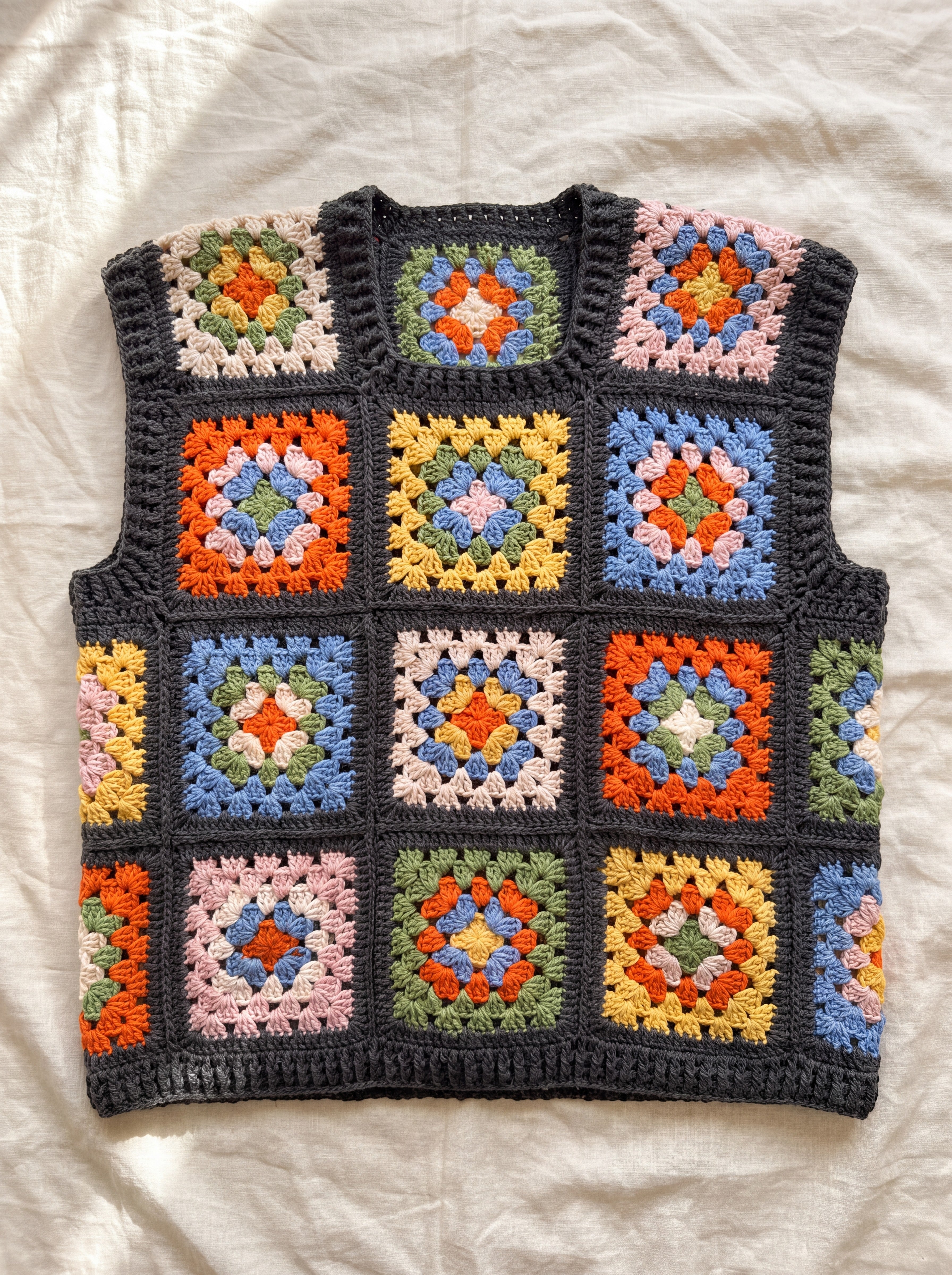 Multicolour granny square crochet vest, front, laid flat on linen
