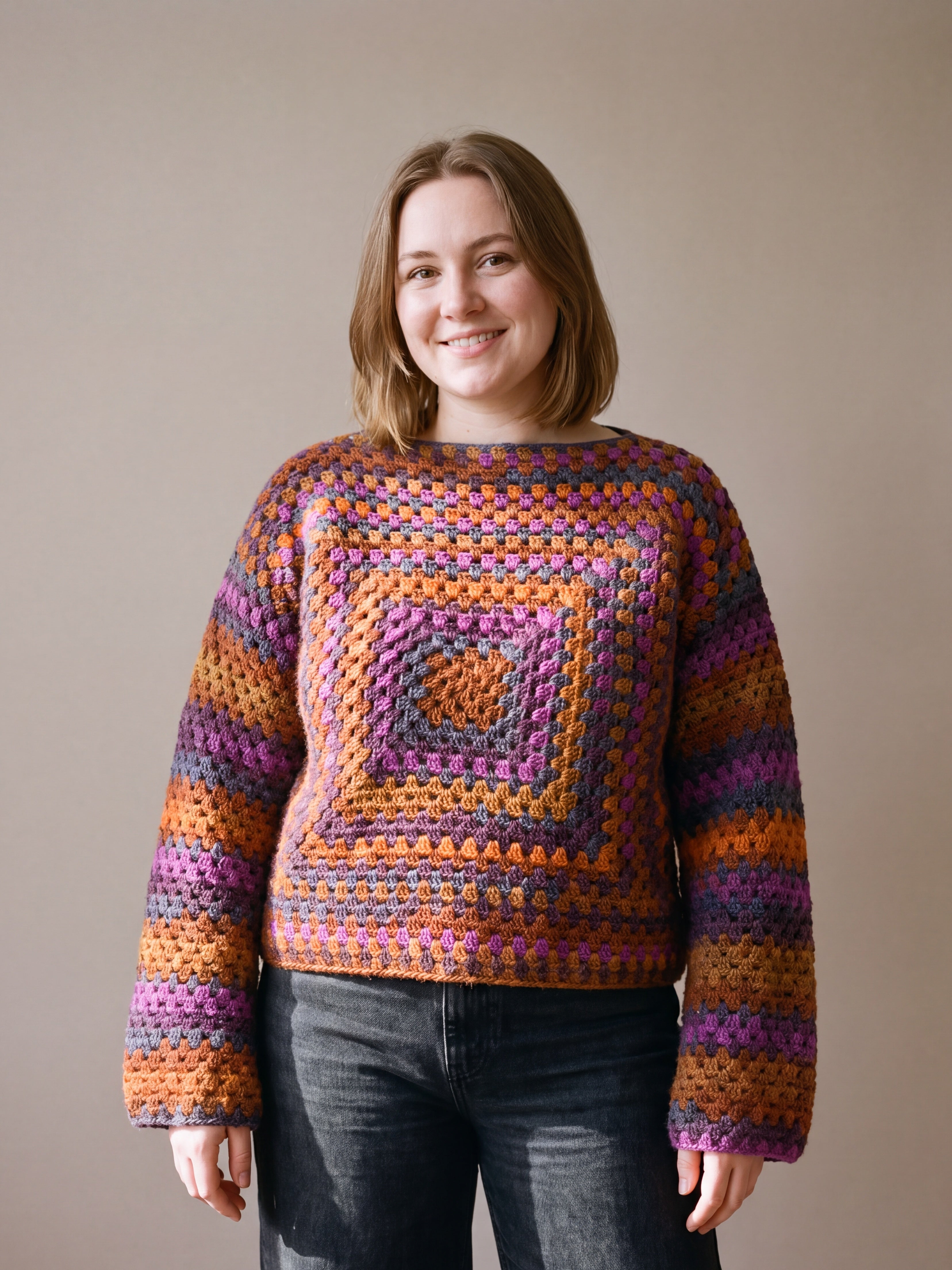 Autumn Chunky Wool Jumper worn by a model, showing the wide sleeves and relaxed fit — handmade by Ana Chic