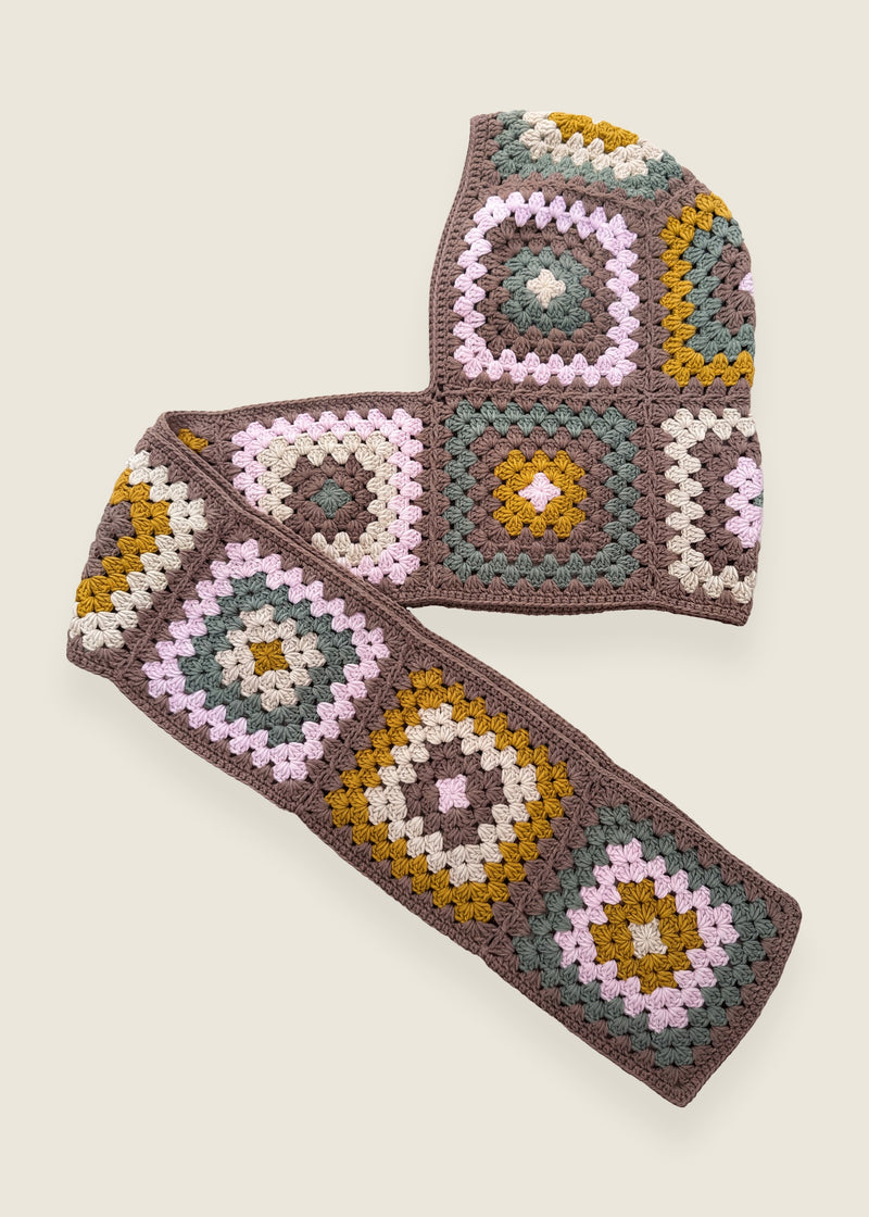 Mocha granny-square crochet hooded scarf laid flat, hood and long scarf in one piece — handmade by Ana Chic