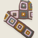 Mocha granny-square crochet hooded scarf laid flat, hood and long scarf in one piece — handmade by Ana Chic