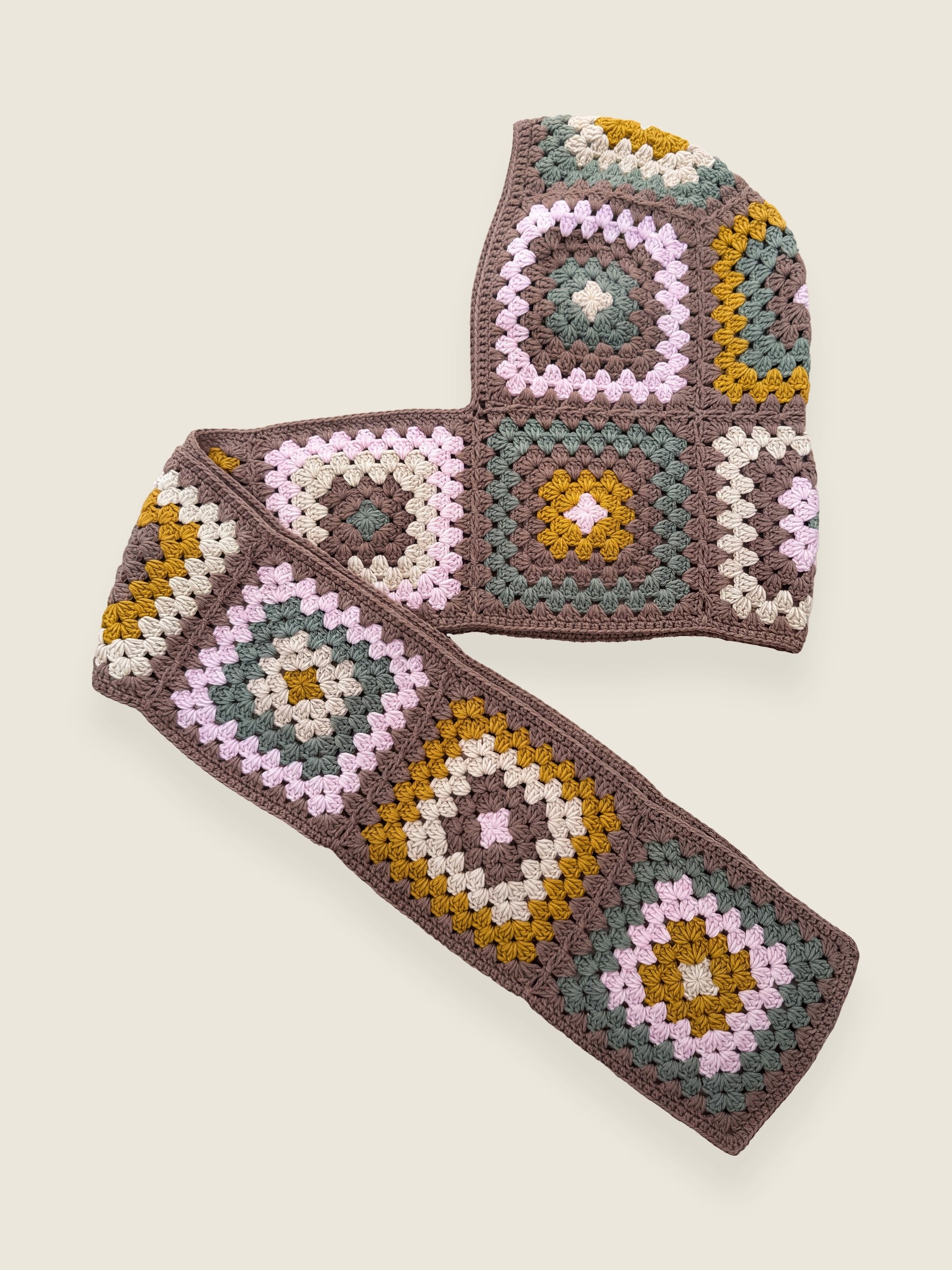 Mocha granny-square crochet hooded scarf laid flat, hood and long scarf in one piece — handmade by Ana Chic